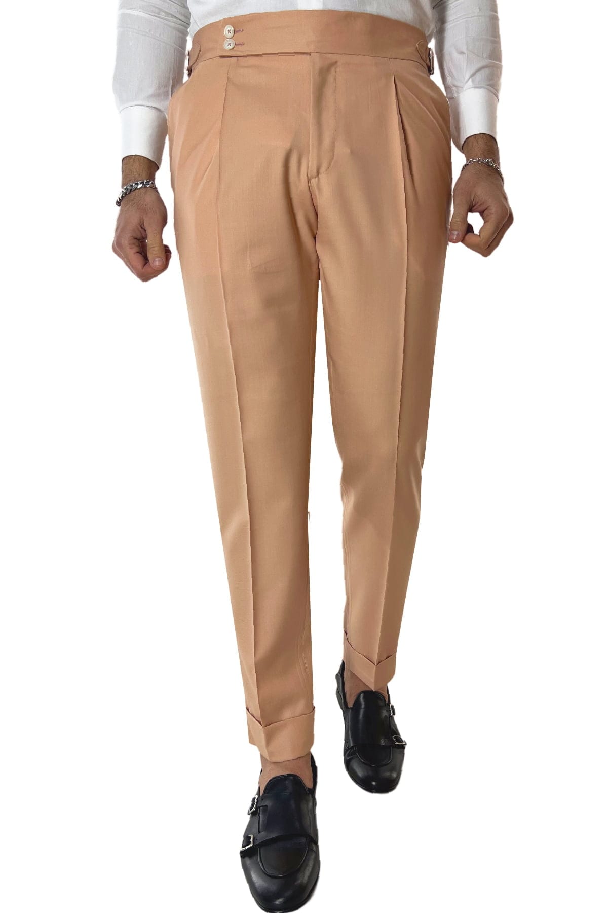 Pantalone uomo Pesca in fresco lana 140's Holland & Sherry vita alta con pinces fibbie laterali e risvolto 4cm