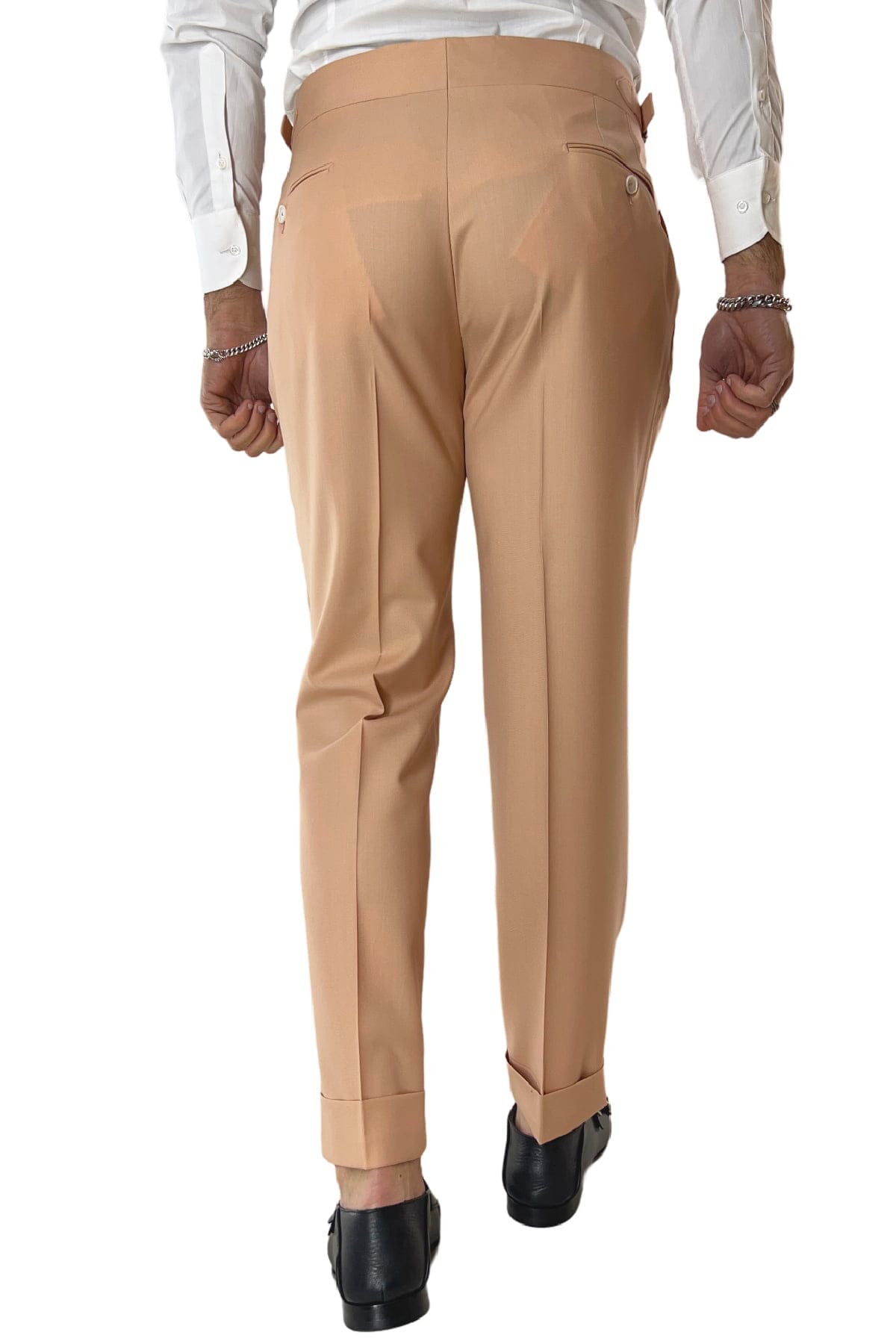 Pantalone uomo Pesca in fresco lana 140's Holland & Sherry vita alta con pinces fibbie laterali e risvolto 4cm