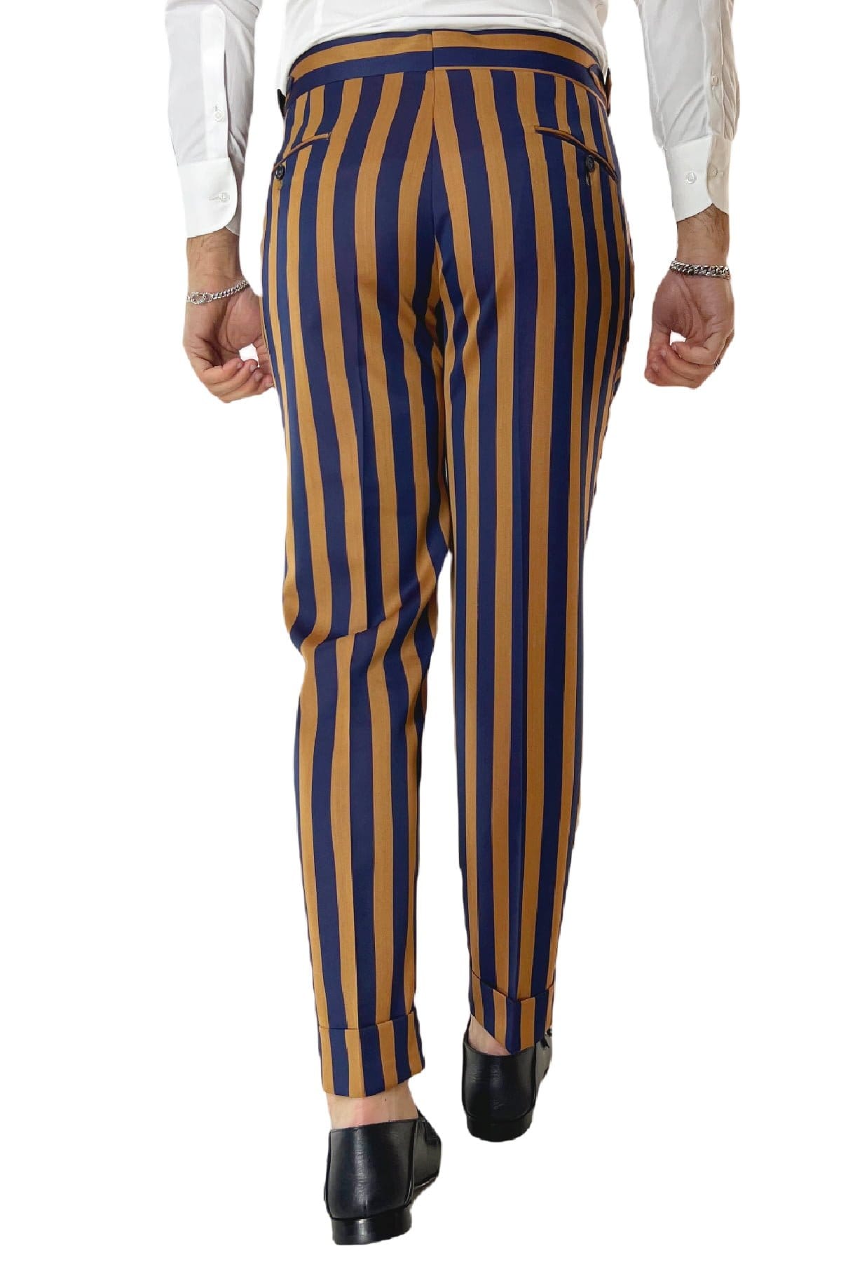Pantalone uomo arancio riga blu in fresco lana 120's Holland & Sherry vita alta con pinces fibbie laterali e risvolto 4cm