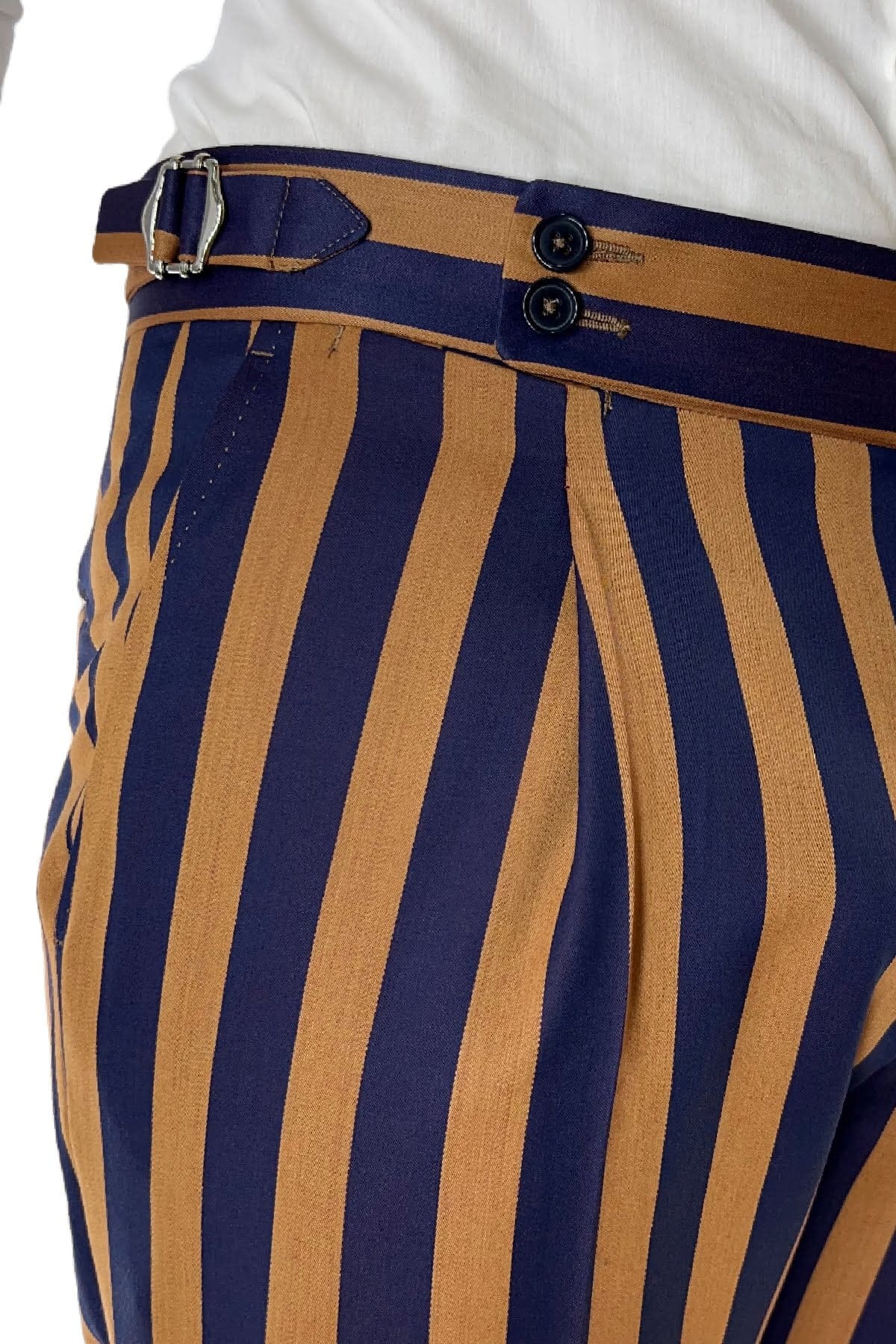 Pantalone uomo arancio riga blu in fresco lana 120's Holland & Sherry vita alta con pinces fibbie laterali e risvolto 4cm