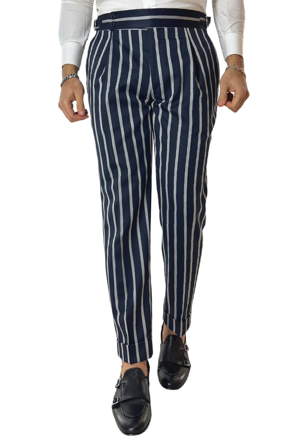 Pantalone uomo blu riga grigia in fresco lana 120's Holland & Sherry vita alta con pinces fibbie laterali e risvolto 4cm