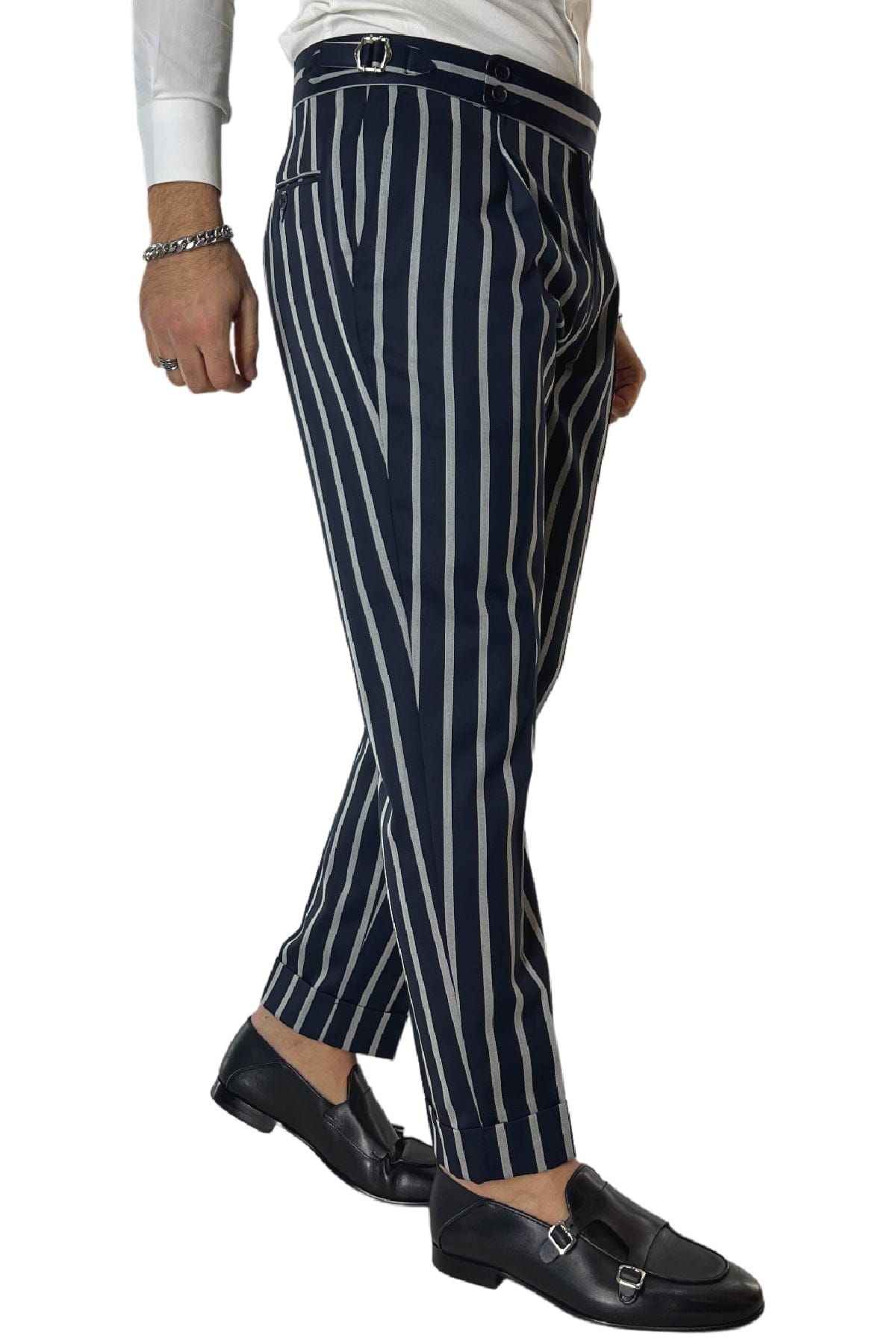 Pantalone uomo blu riga grigia in fresco lana 120's Holland & Sherry vita alta con pinces fibbie laterali e risvolto 4cm