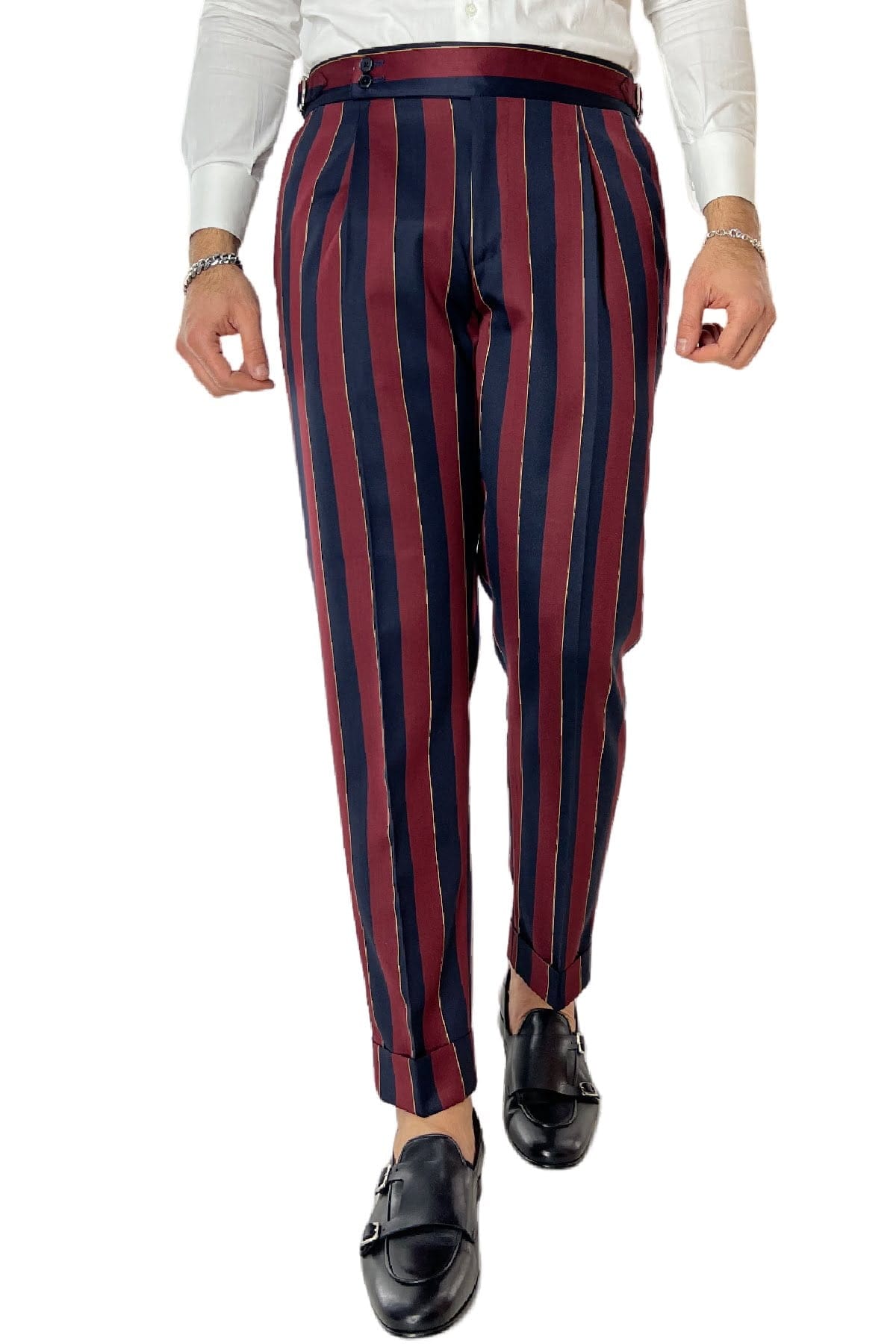 Pantalone uomo bordeaux riga blu in fresco lana 120's Holland & Sherry vita alta con pinces fibbie laterali e risvolto 4cm