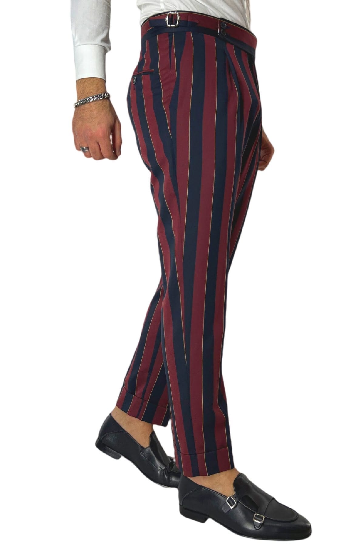 Pantalone uomo bordeaux riga blu in fresco lana 120's Holland & Sherry vita alta con pinces fibbie laterali e risvolto 4cm