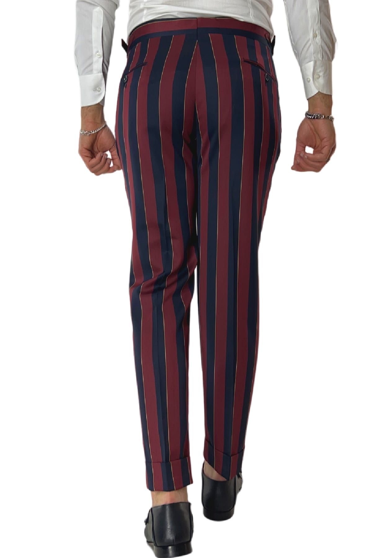 Pantalone uomo bordeaux riga blu in fresco lana 120's Holland & Sherry vita alta con pinces fibbie laterali e risvolto 4cm