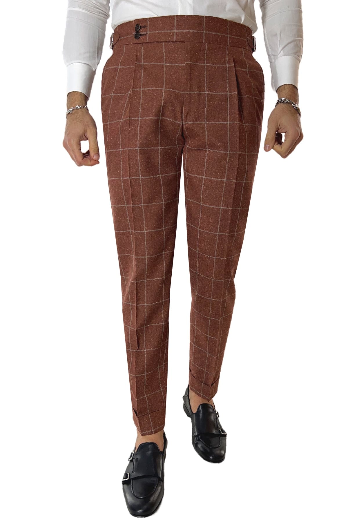 Pantalone uomo arancio fantasia quadri 240 grammi Vitale Barberis vita alta con pinces fibbie laterali e risvolto 4cm