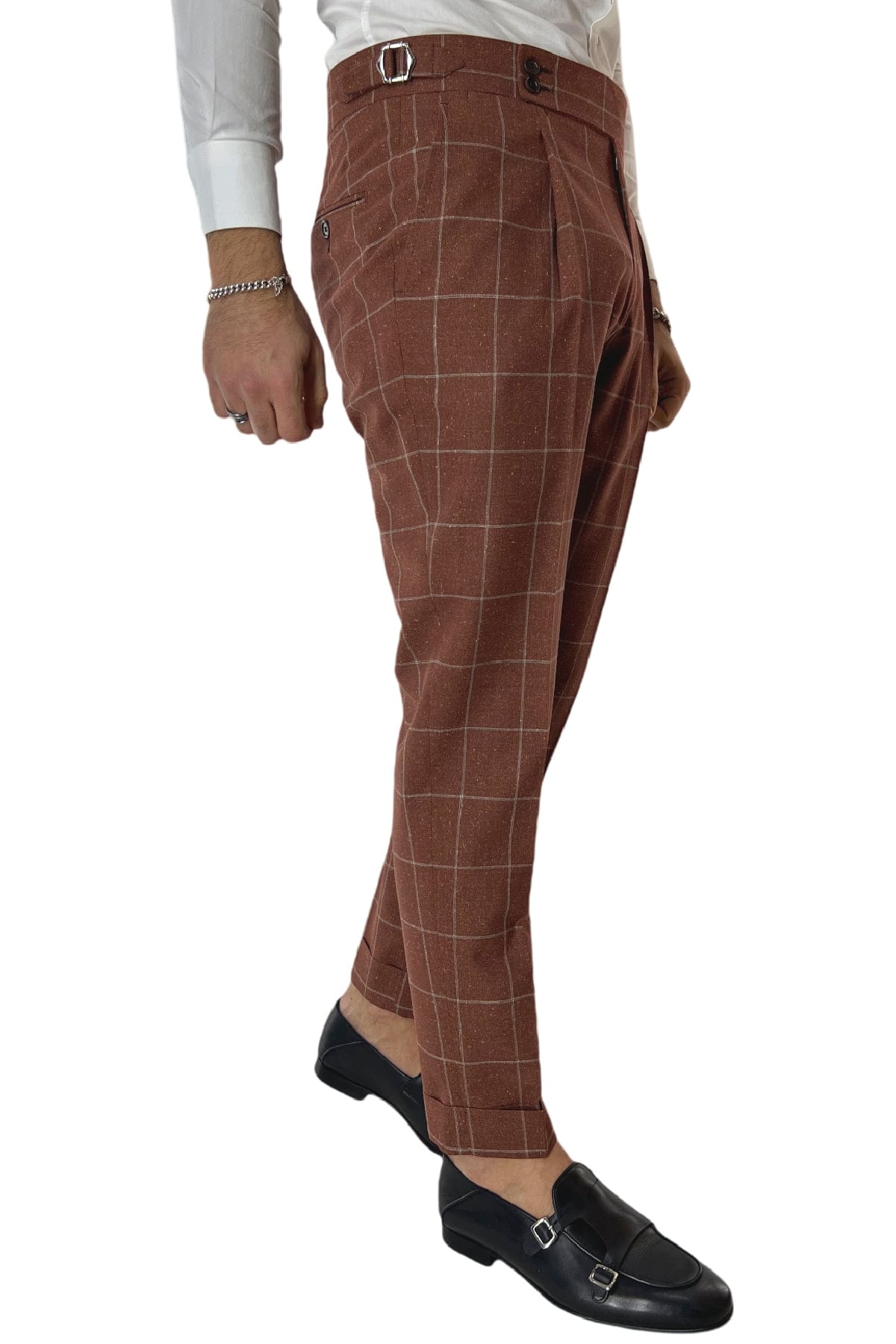 Pantalone uomo arancio fantasia quadri 240 grammi Vitale Barberis vita alta con pinces fibbie laterali e risvolto 4cm