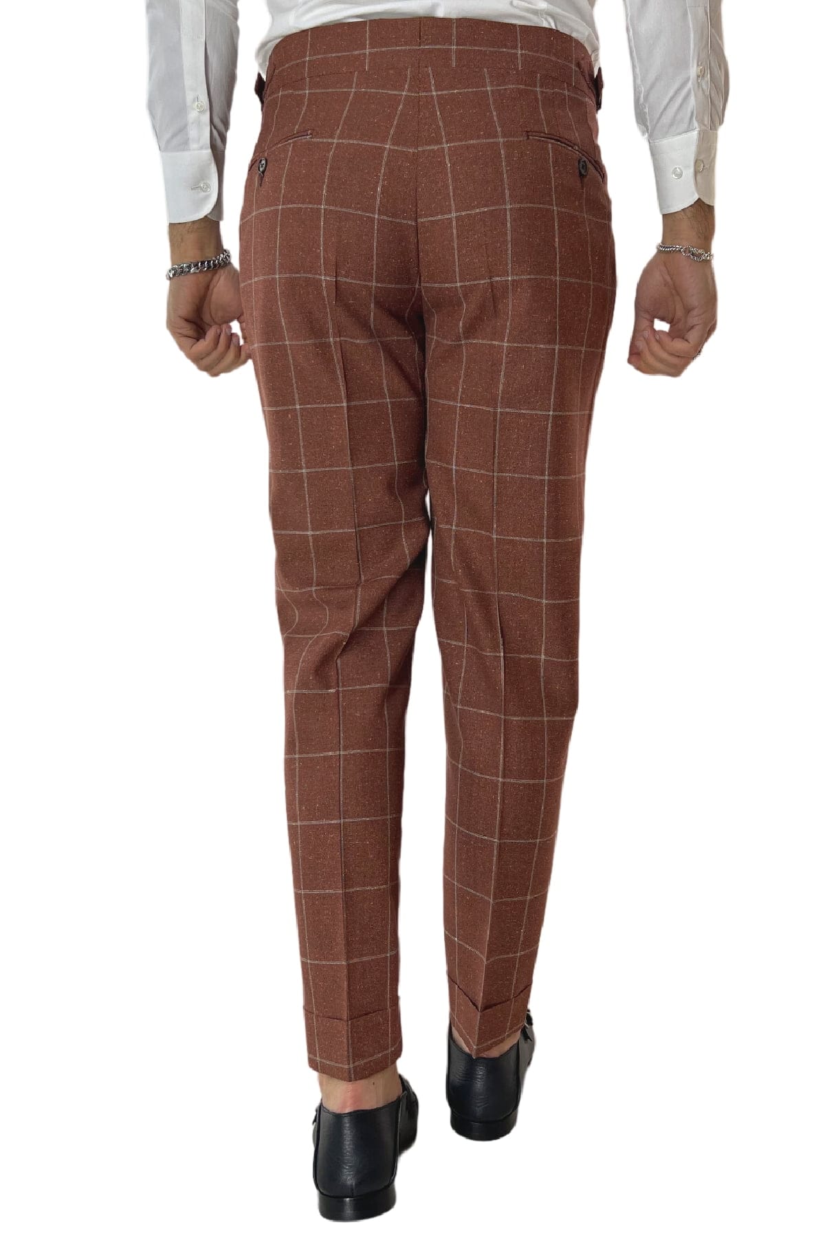 Pantalone uomo arancio fantasia quadri 240 grammi Vitale Barberis vita alta con pinces fibbie laterali e risvolto 4cm