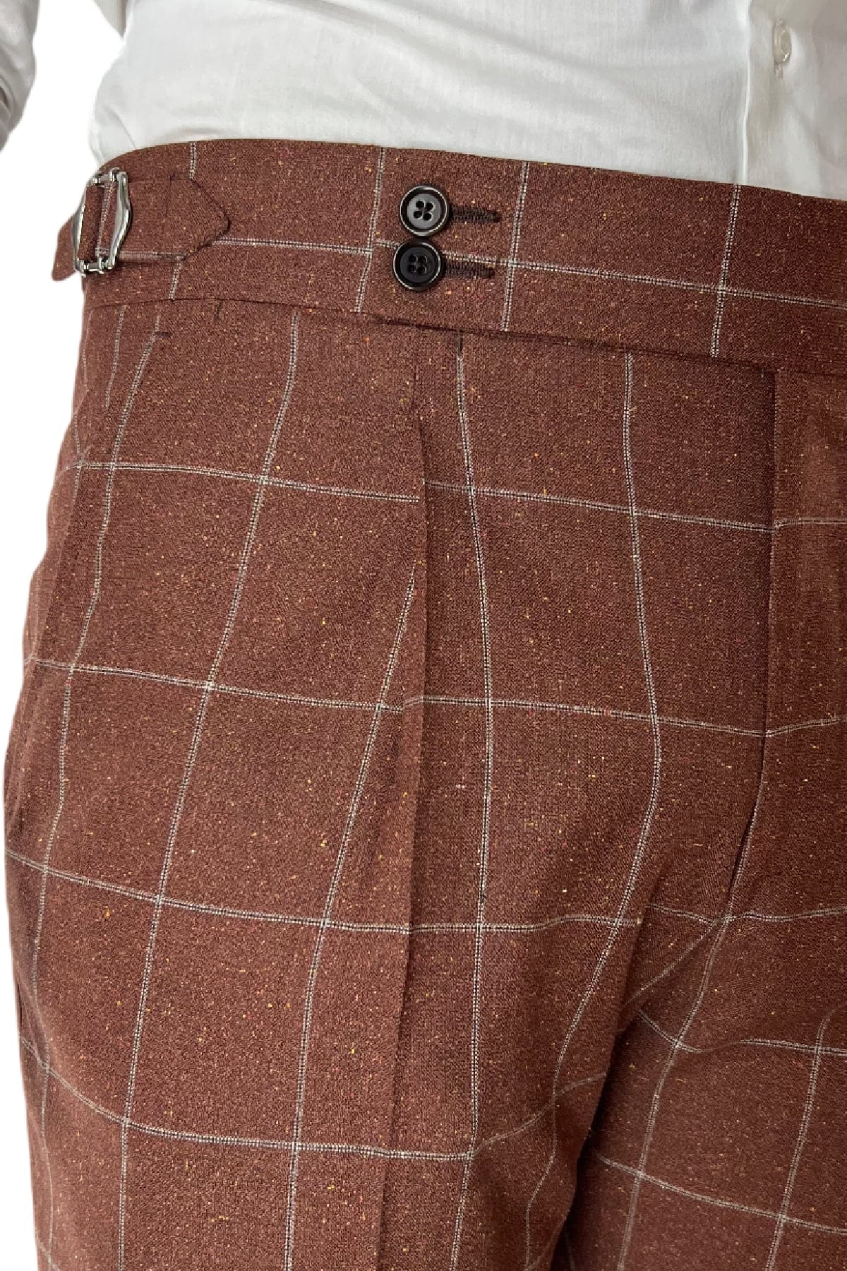 Pantalone uomo arancio fantasia quadri 240 grammi Vitale Barberis vita alta con pinces fibbie laterali e risvolto 4cm