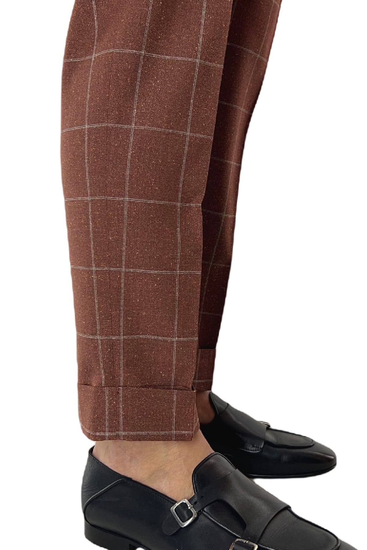 Pantalone uomo arancio fantasia quadri 240 grammi Vitale Barberis vita alta con pinces fibbie laterali e risvolto 4cm