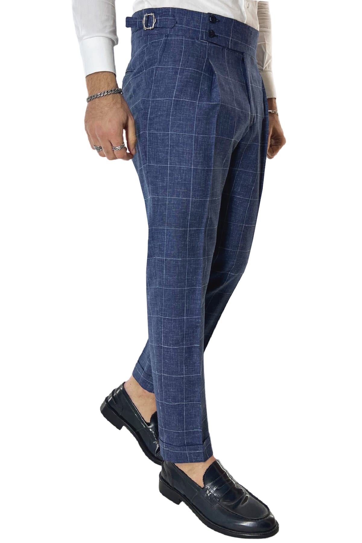 Pantalone uomo blu denim fantasia quadri fresco lana 250 grammi vita alta con pinces fibbie laterali e risvolto 4cm