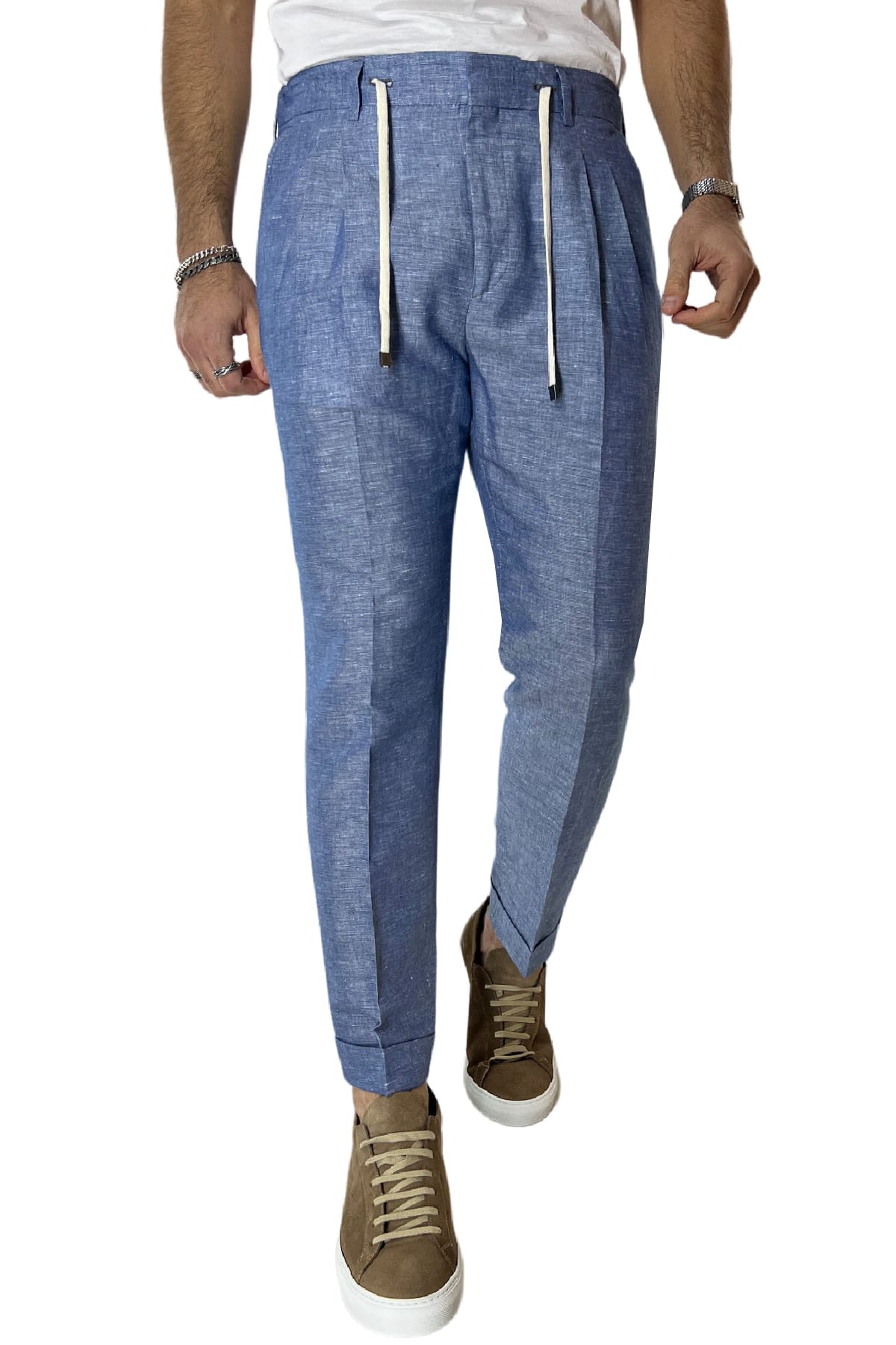 Pantalaccio uomo color denim in lino e cotone tasca america con doppia pence e laccio in vita risvolto 4cm