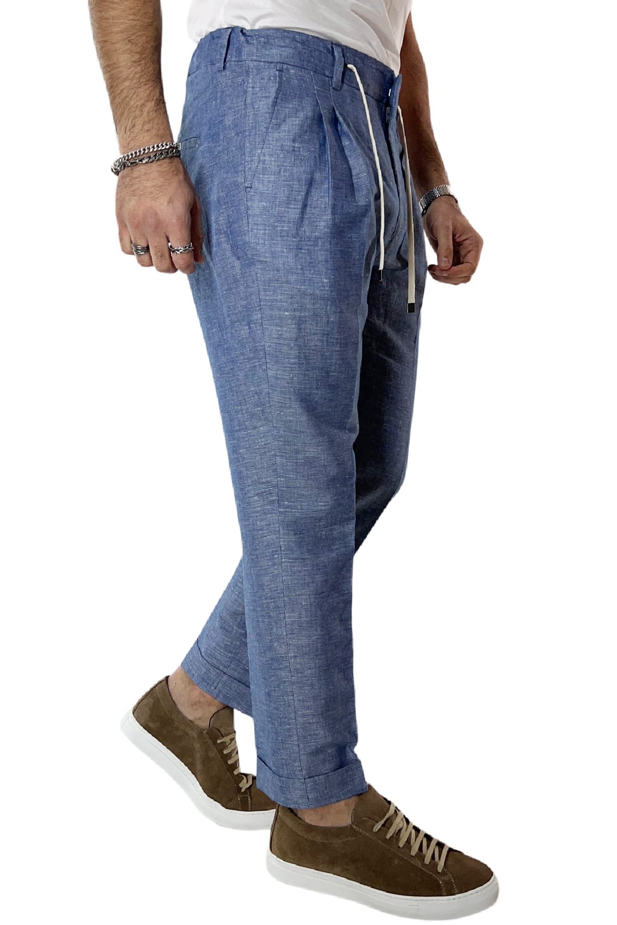 Pantalaccio uomo color denim in lino e cotone tasca america con doppia pence e laccio in vita risvolto 4cm