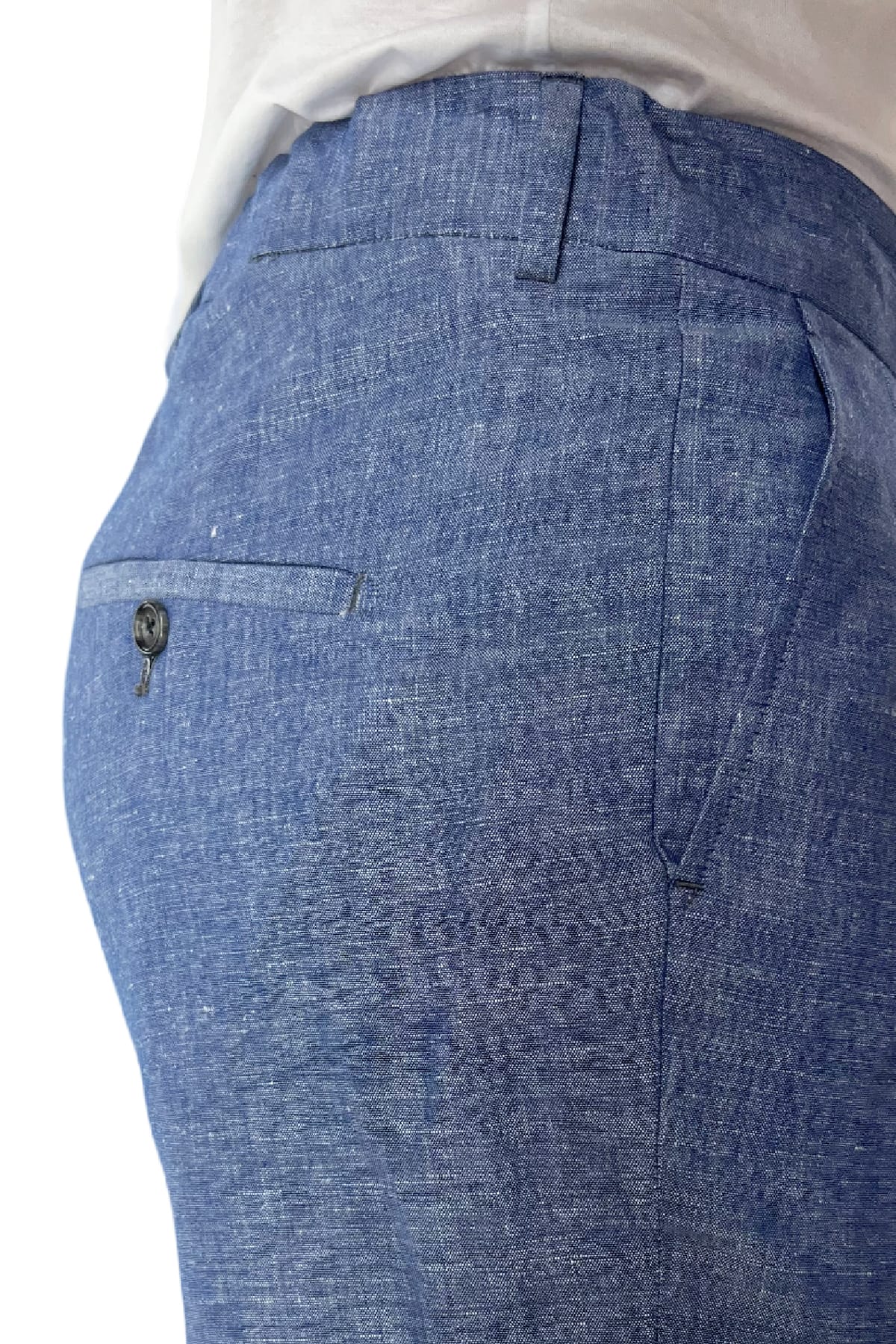 Pantalaccio uomo color denim in lino e cotone tasca america con doppia pence e laccio in vita risvolto 4cm