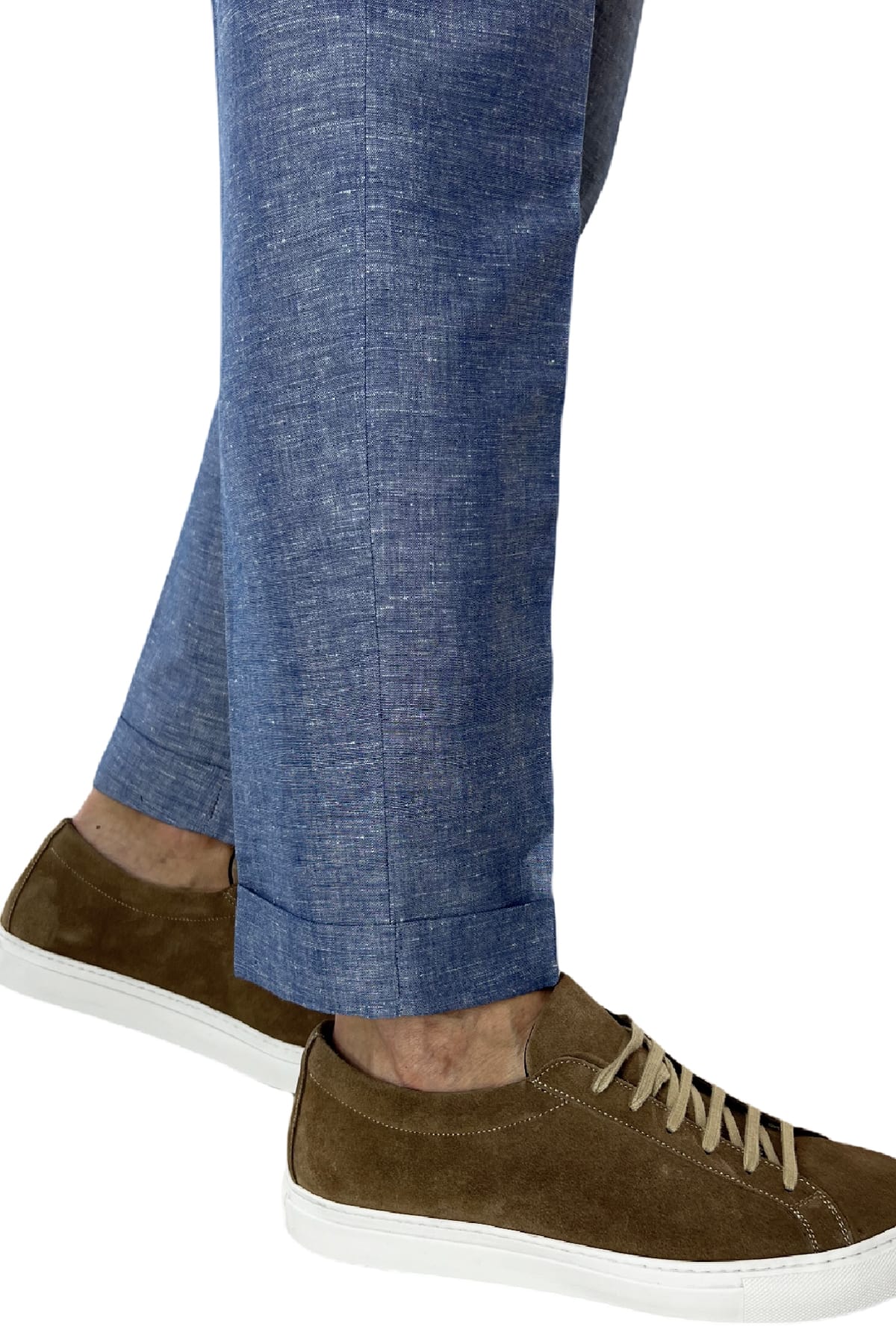 Pantalaccio uomo color denim in lino e cotone tasca america con doppia pence e laccio in vita risvolto 4cm