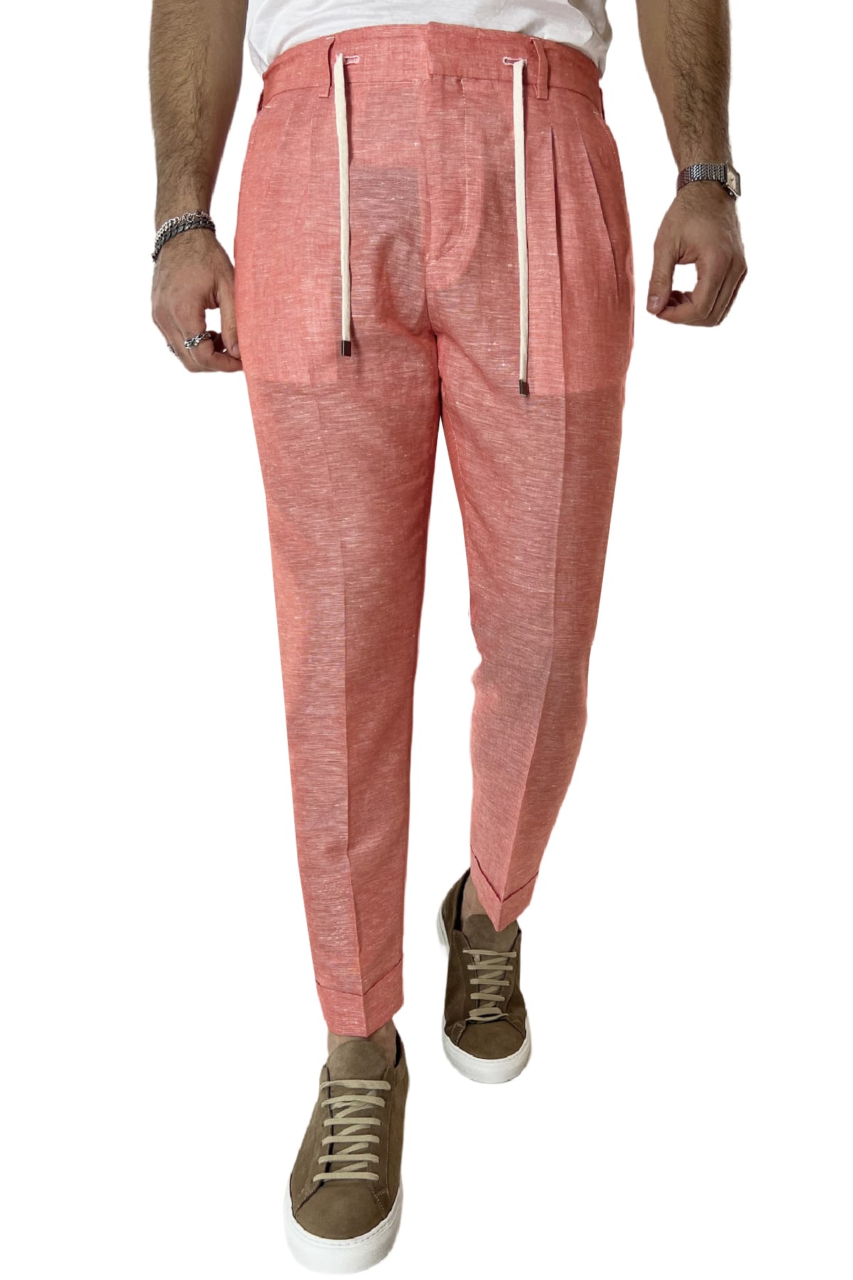 Pantalaccio uomo arancio in lino e cotone tasca america con doppia pence e laccio in vita risvolto 4cm
