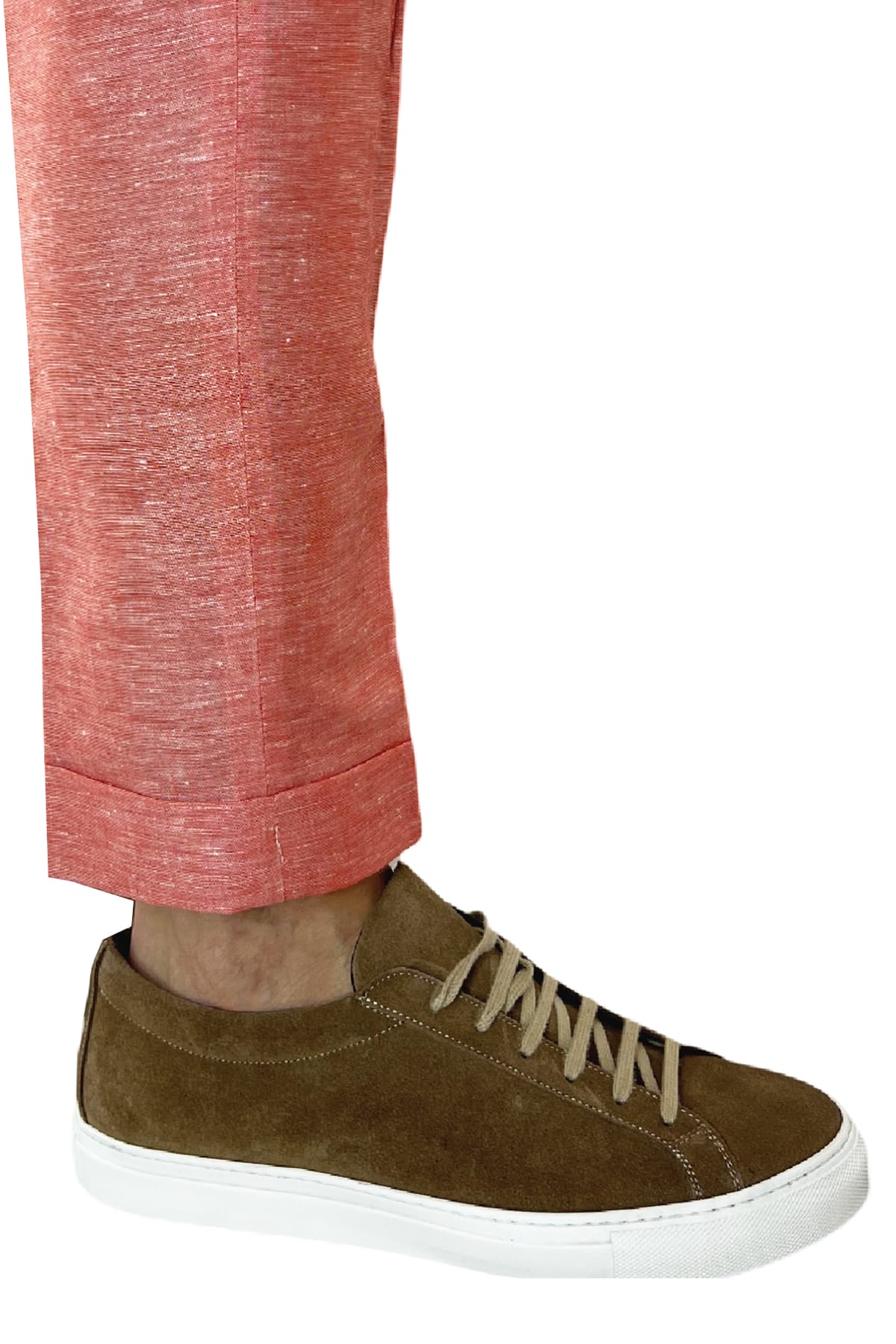 Pantalaccio uomo arancio in lino e cotone tasca america con doppia pence e laccio in vita risvolto 4cm
