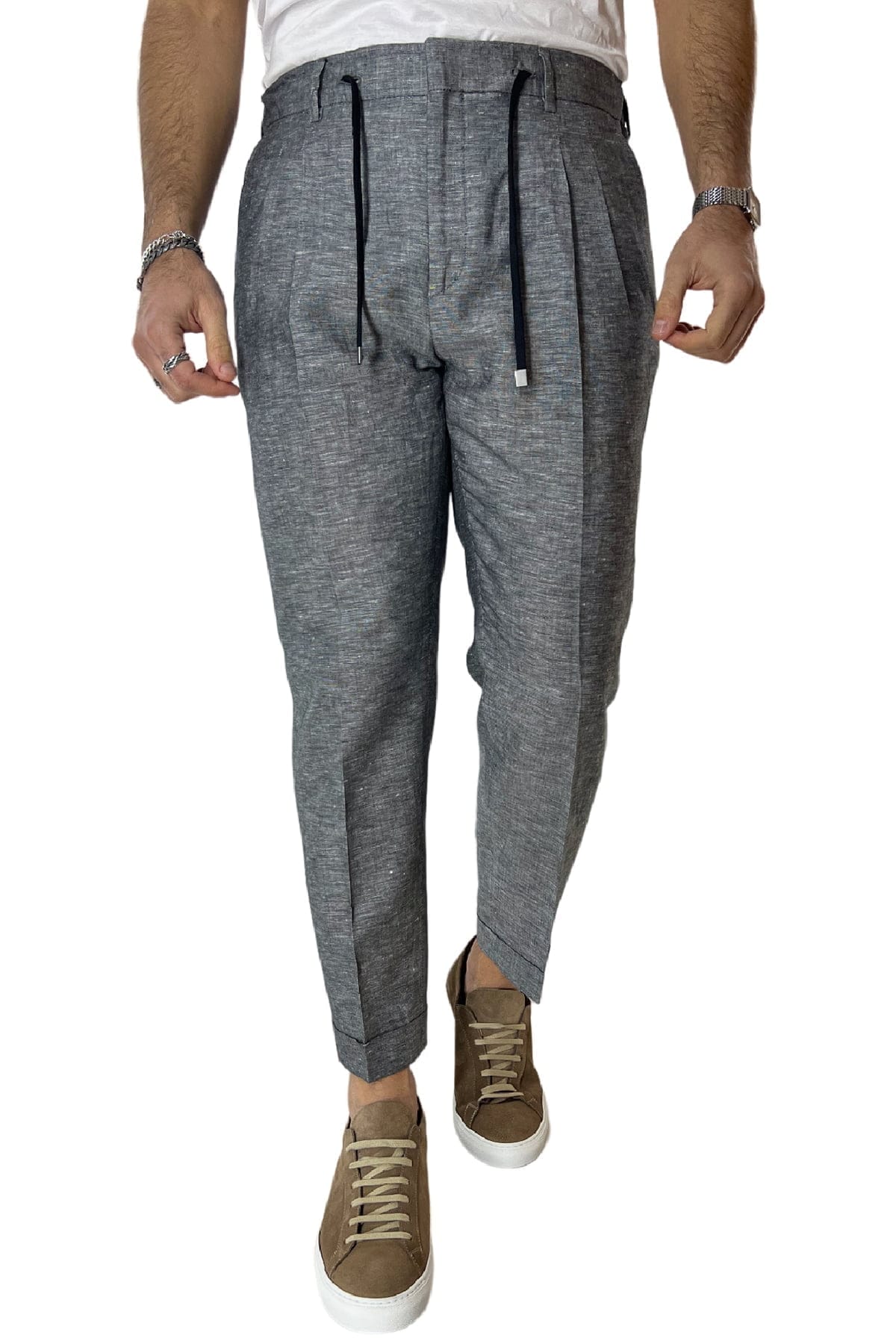 Pantalaccio uomo Grigio in lino e cotone tasca america con doppia pence e laccio in vita risvolto 4cm