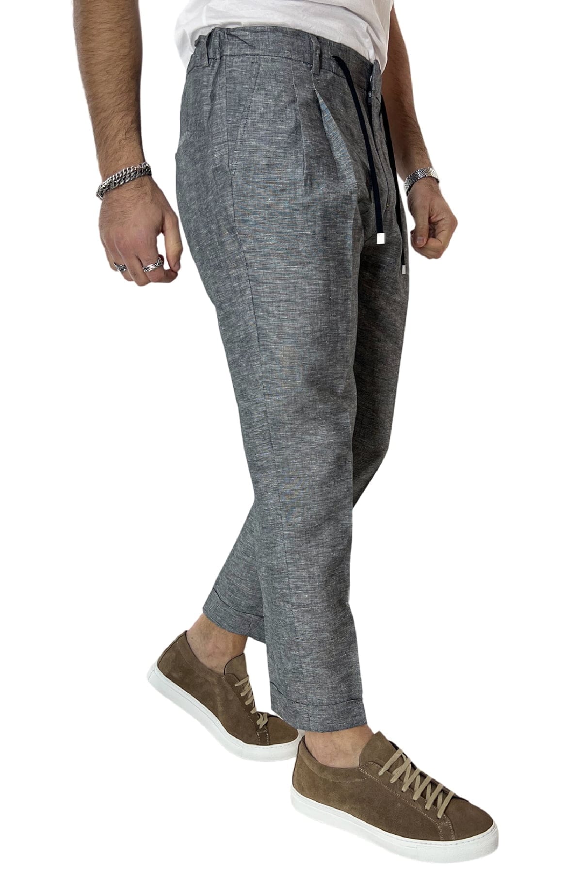 Pantalaccio uomo Grigio in lino e cotone tasca america con doppia pence e laccio in vita risvolto 4cm