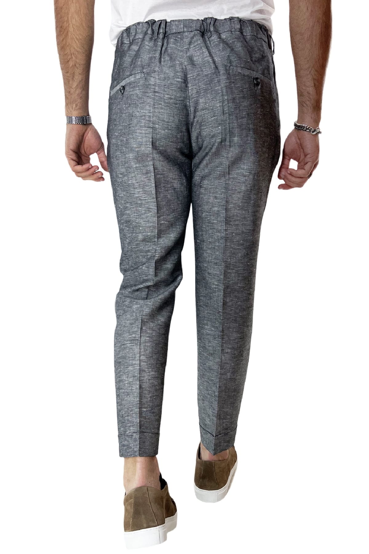 Pantalaccio uomo Grigio in lino e cotone tasca america con doppia pence e laccio in vita risvolto 4cm