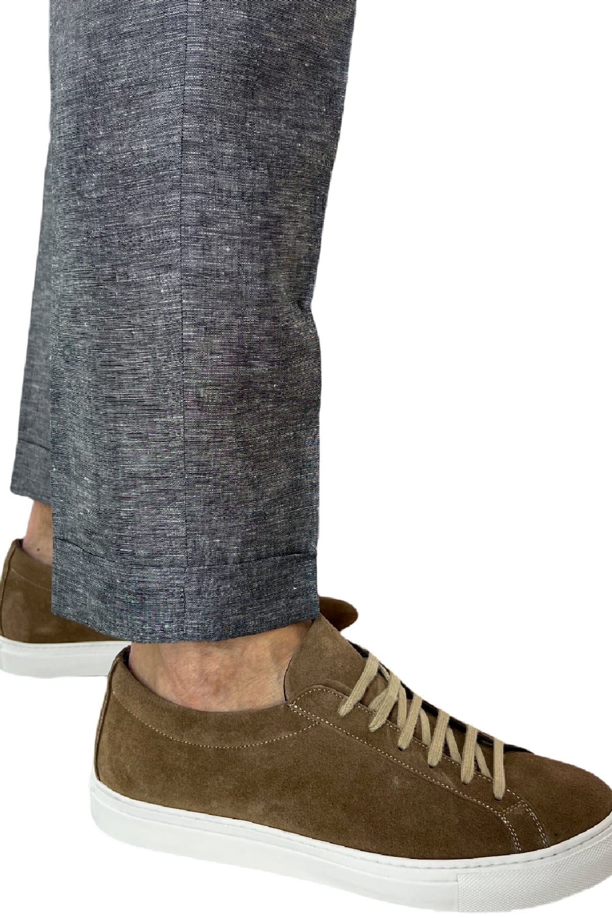 Pantalaccio uomo Grigio in lino e cotone tasca america con doppia pence e laccio in vita risvolto 4cm
