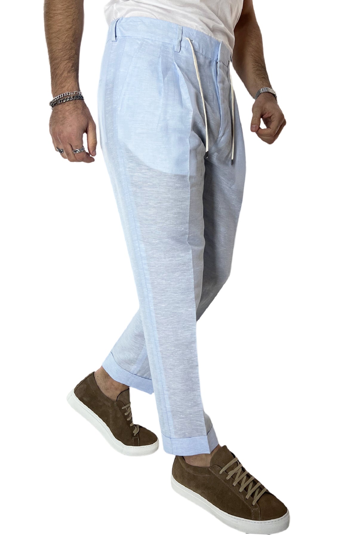 Pantalaccio uomo celeste in lino e cotone tasca america con doppia pence e laccio in vita risvolto 4cm