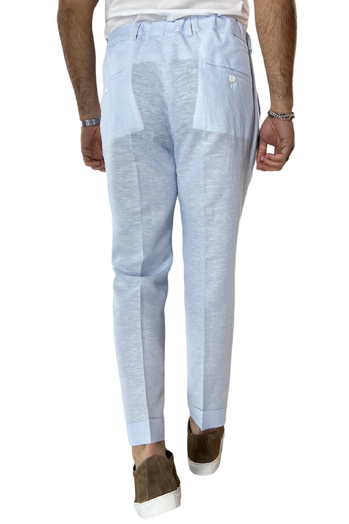 Pantalaccio uomo celeste in lino e cotone tasca america con doppia pence e laccio in vita risvolto 4cm