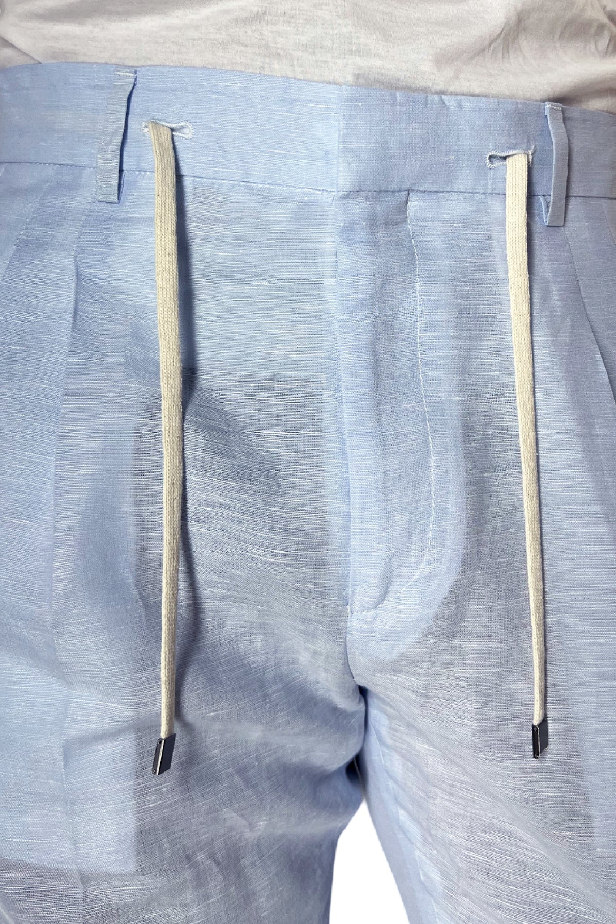 Pantalaccio uomo celeste in lino e cotone tasca america con doppia pence e laccio in vita risvolto 4cm
