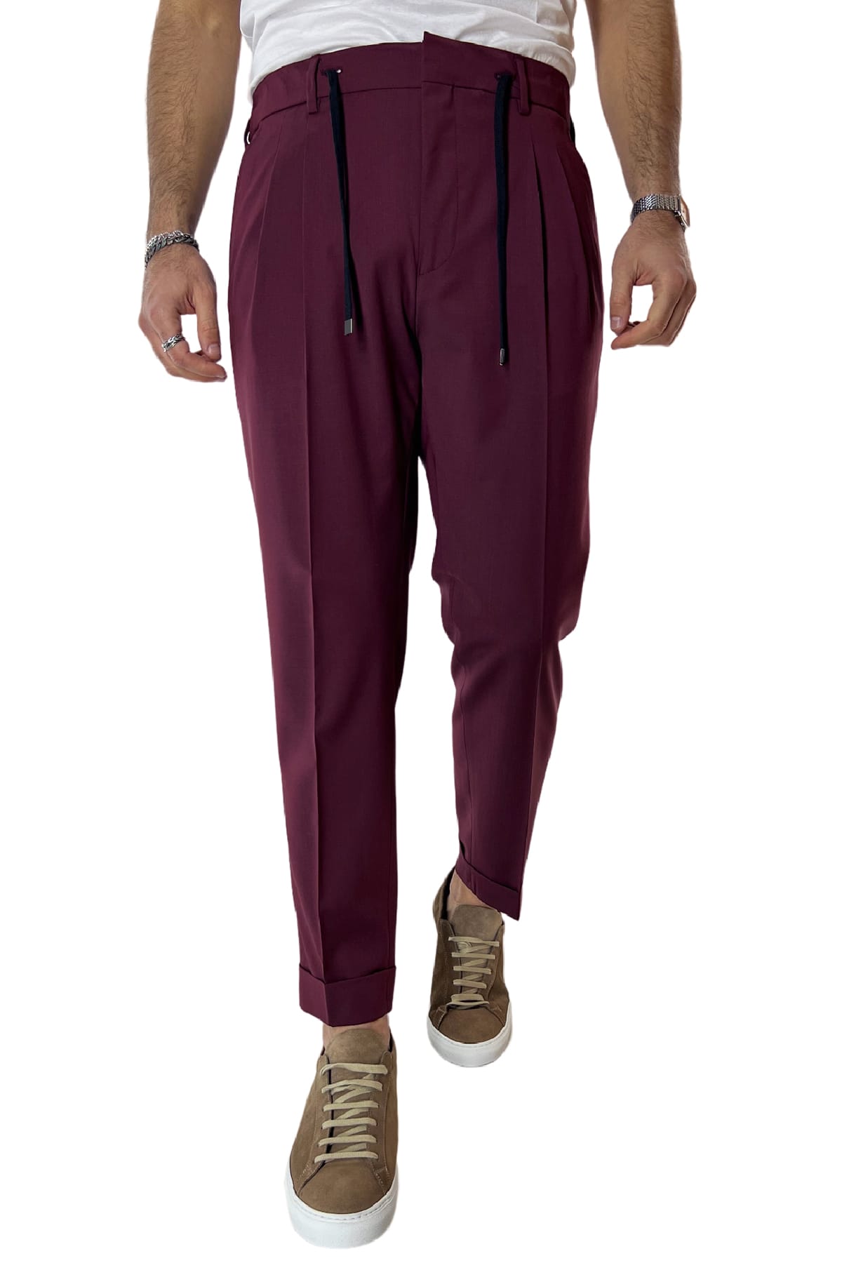 Pantalaccio uomo bordeaux in fresco lana tasca america con doppia pence e laccio in vita risvolto 4cm