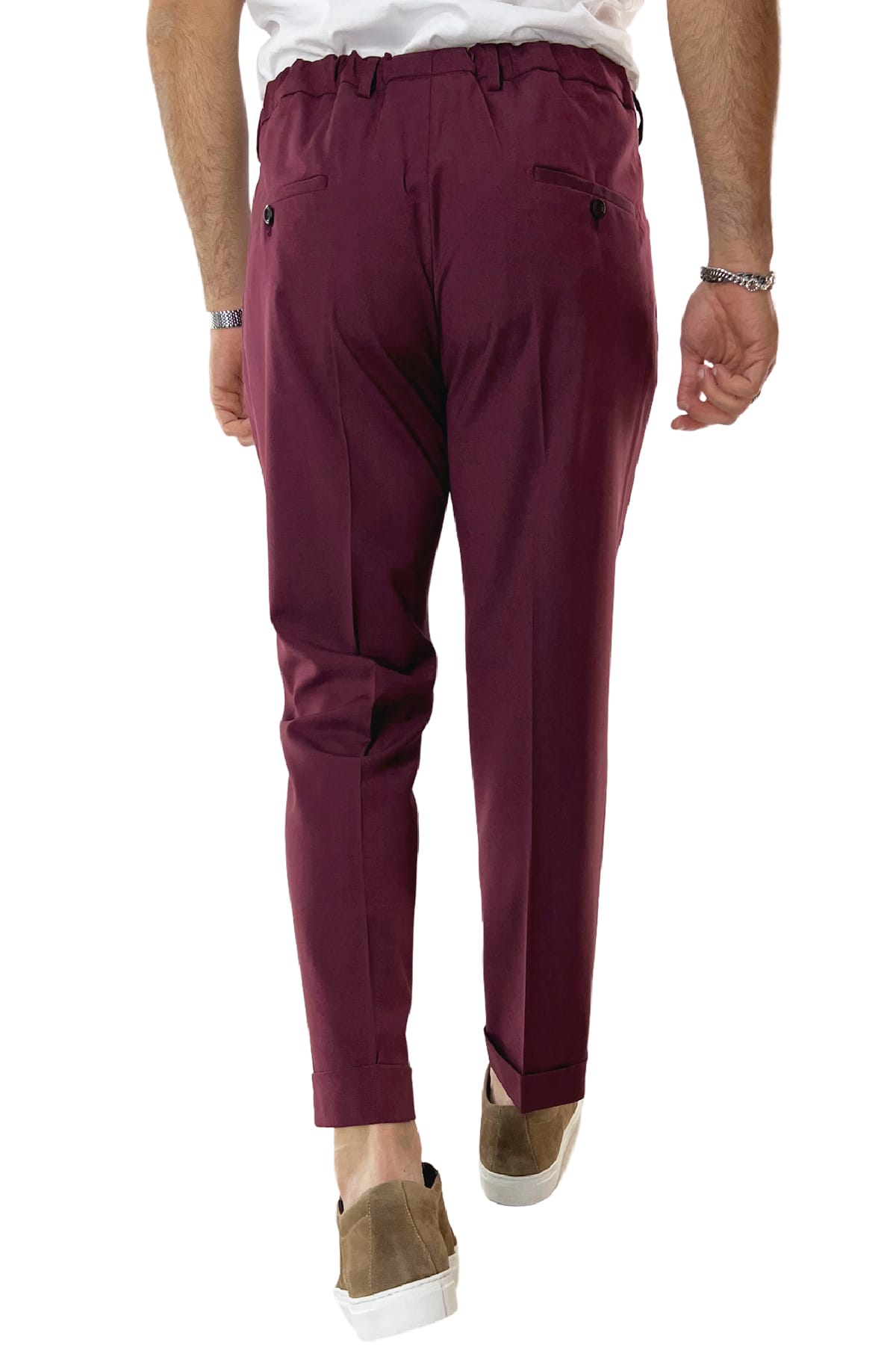 Pantalaccio uomo bordeaux in fresco lana tasca america con doppia pence e laccio in vita risvolto 4cm