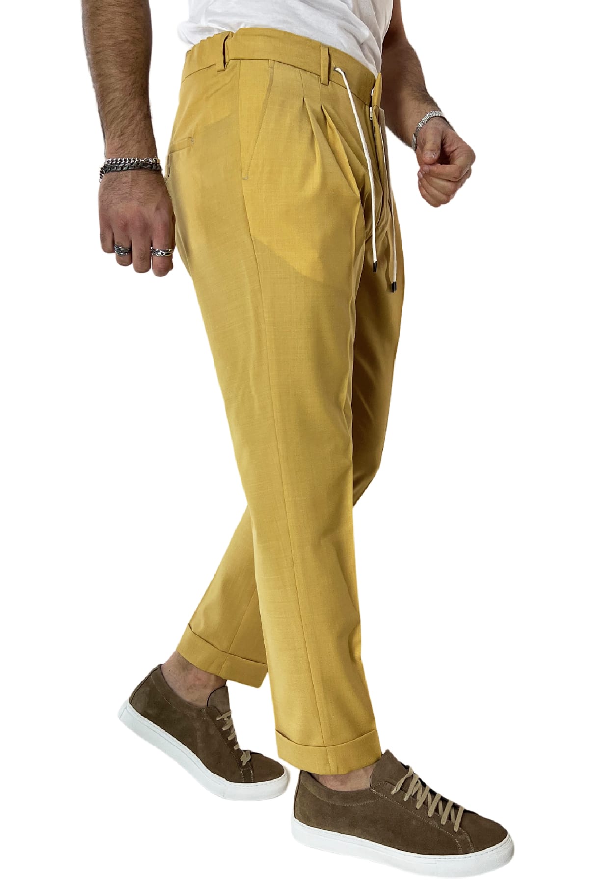 Pantalaccio uomo giallo in fresco lana tasca america con doppia pence e laccio in vita risvolto 4cm