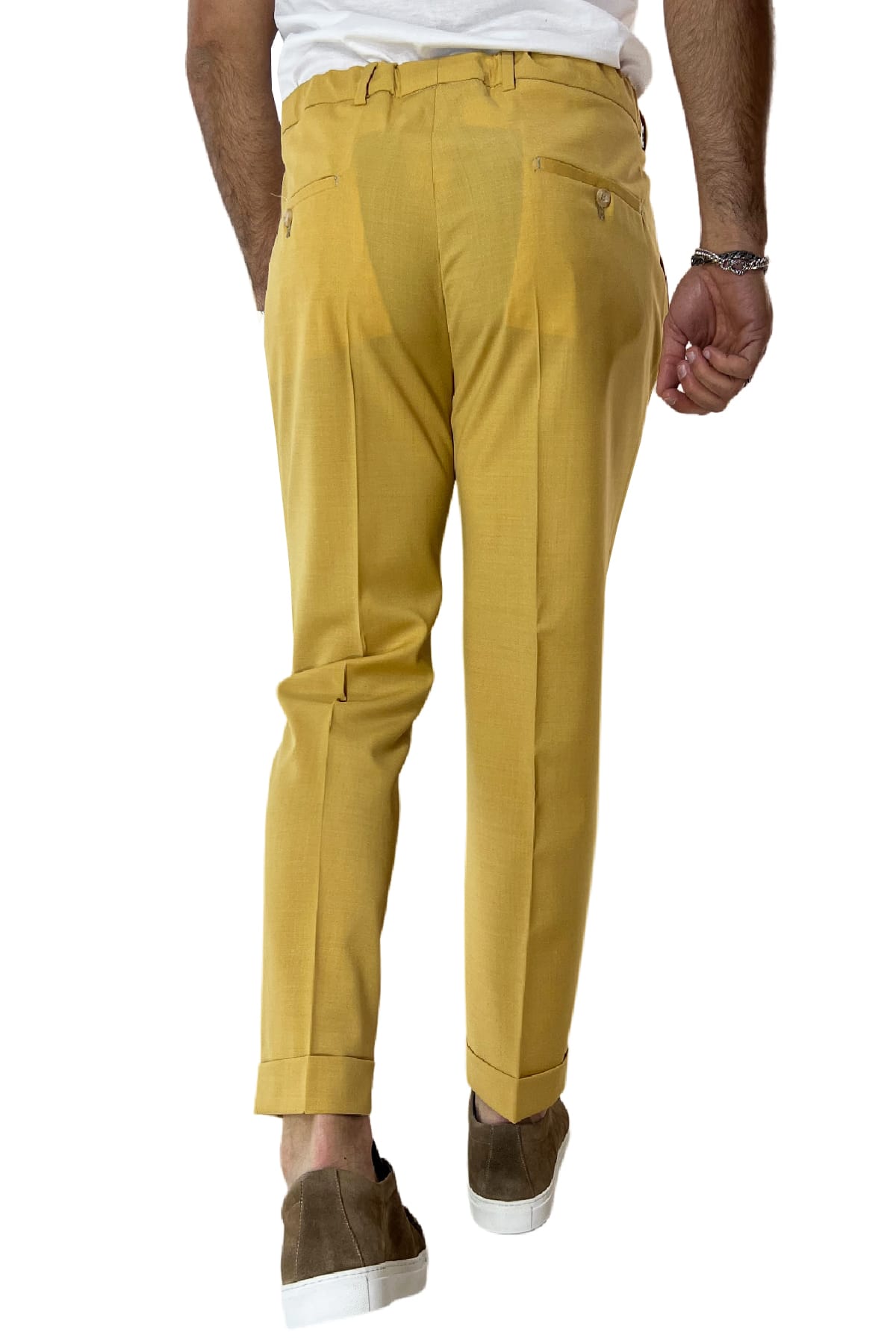Pantalaccio uomo giallo in fresco lana tasca america con doppia pence e laccio in vita risvolto 4cm