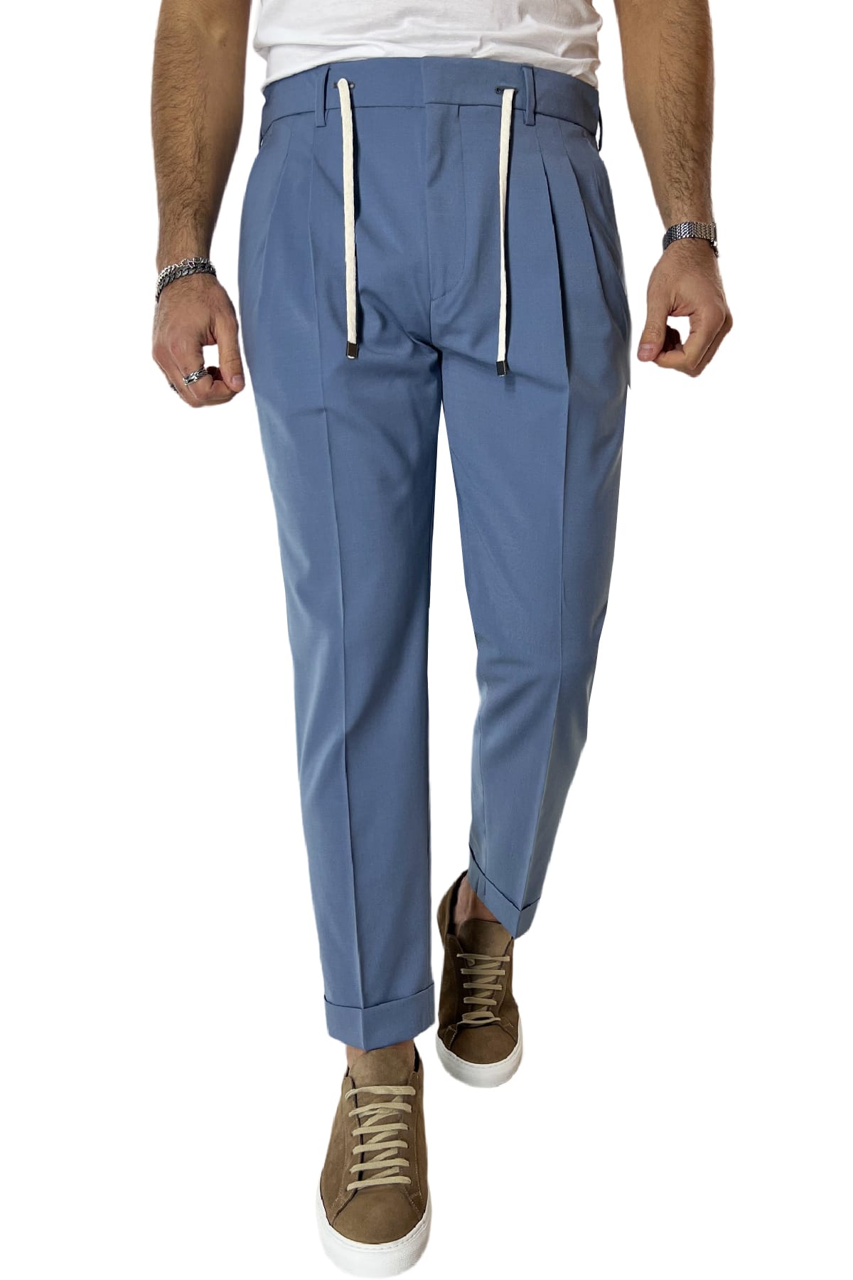 Pantalaccio uomo celeste in fresco lana tasca america con doppia pence e laccio in vita risvolto 4cm