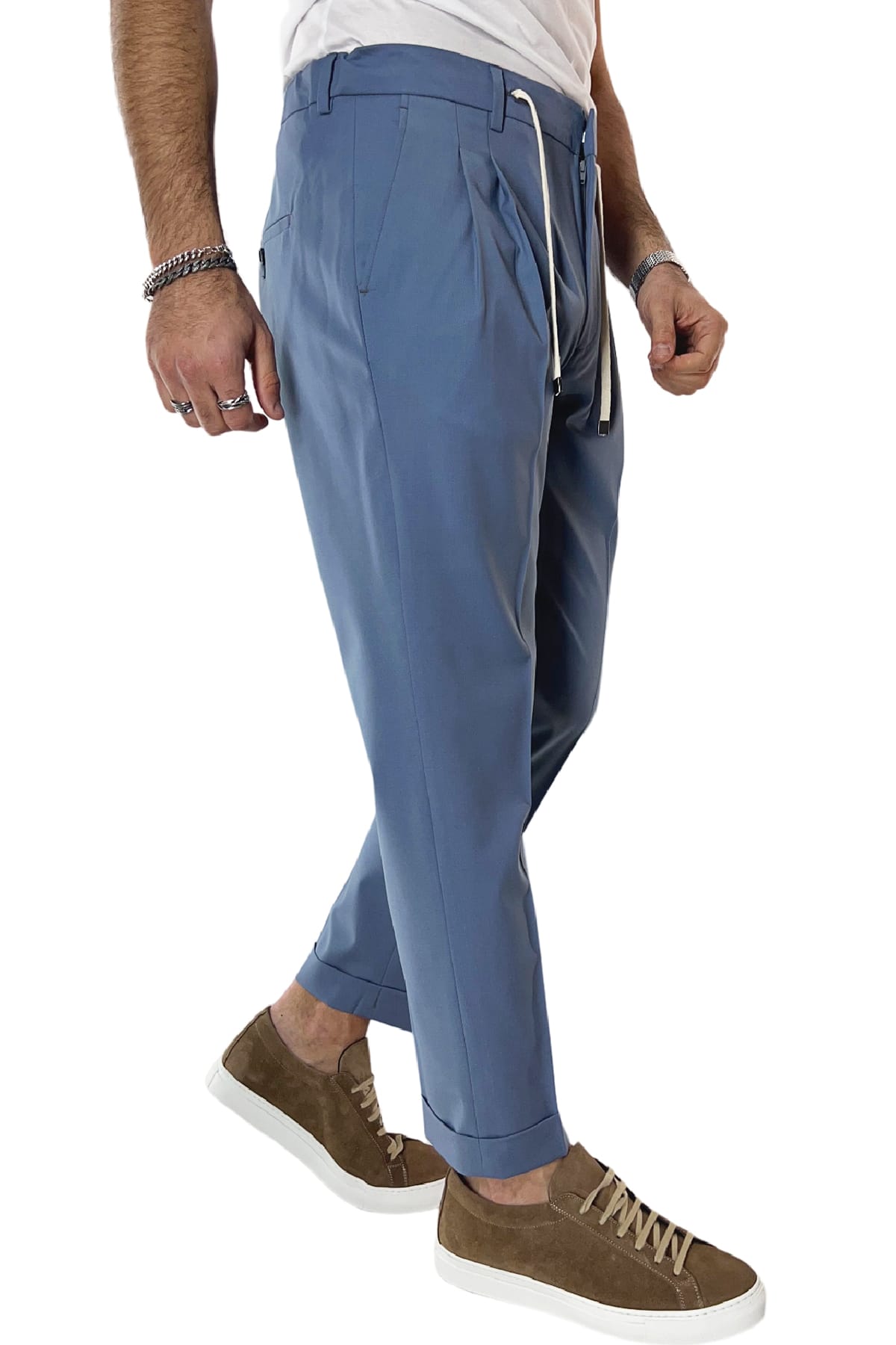 Pantalaccio uomo celeste in fresco lana tasca america con doppia pence e laccio in vita risvolto 4cm