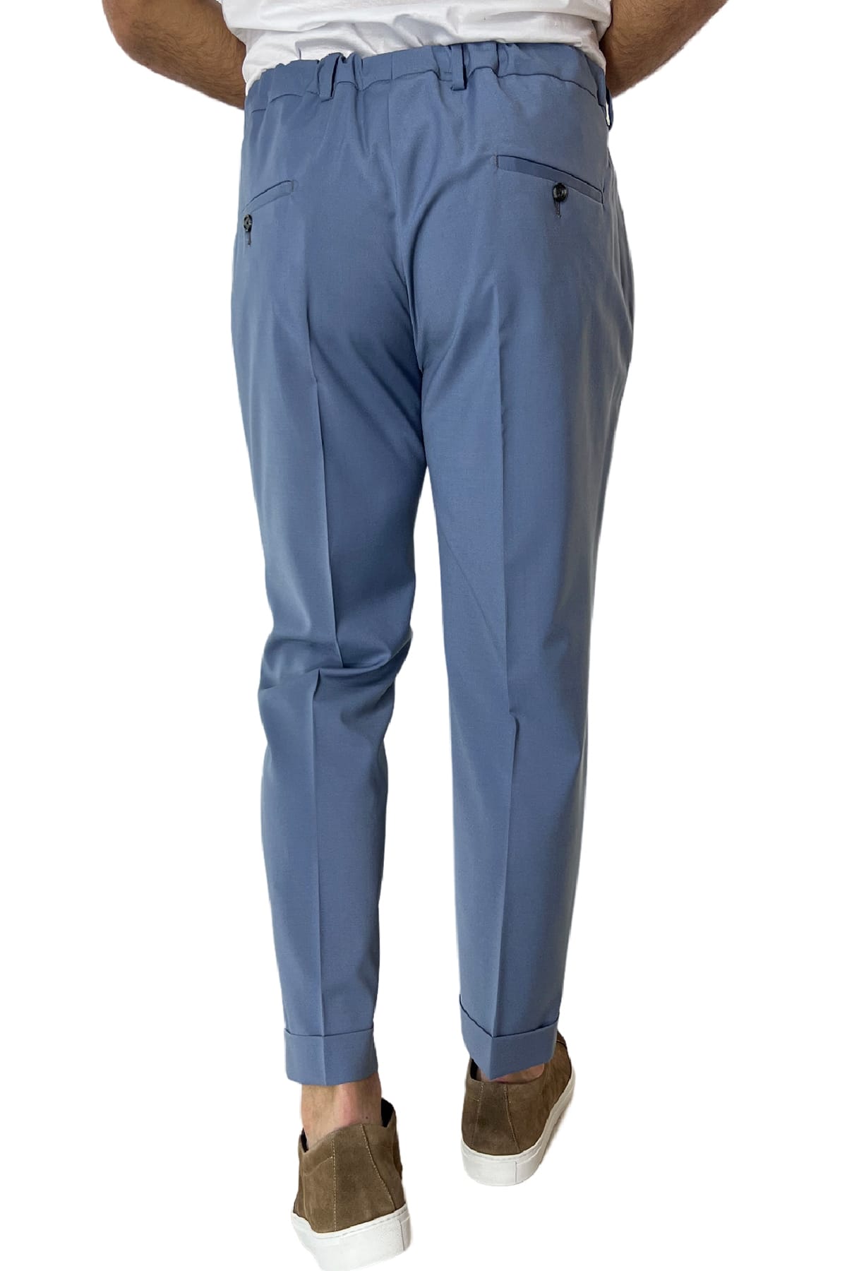 Pantalaccio uomo celeste in fresco lana tasca america con doppia pence e laccio in vita risvolto 4cm