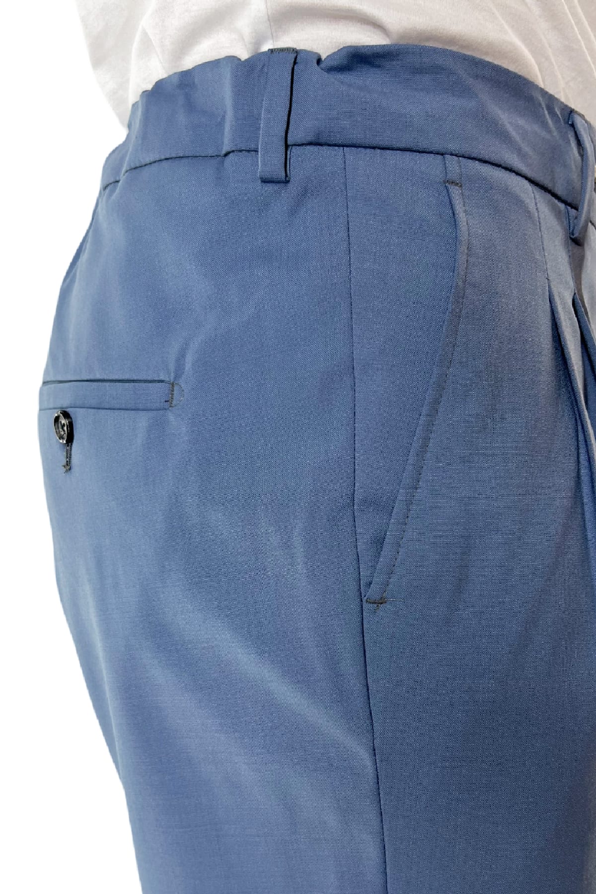 Pantalaccio uomo celeste in fresco lana tasca america con doppia pence e laccio in vita risvolto 4cm