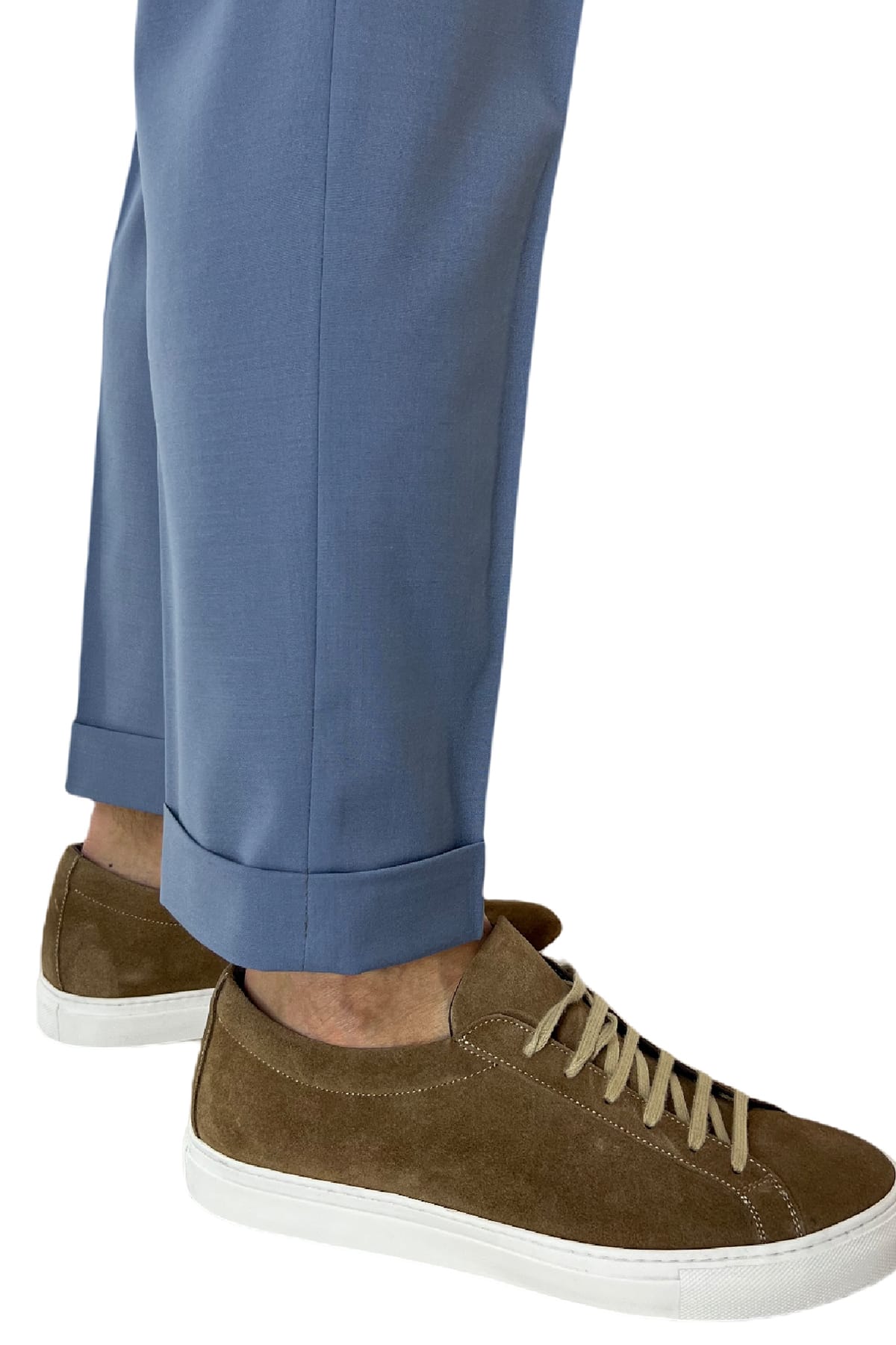 Pantalaccio uomo celeste in fresco lana tasca america con doppia pence e laccio in vita risvolto 4cm