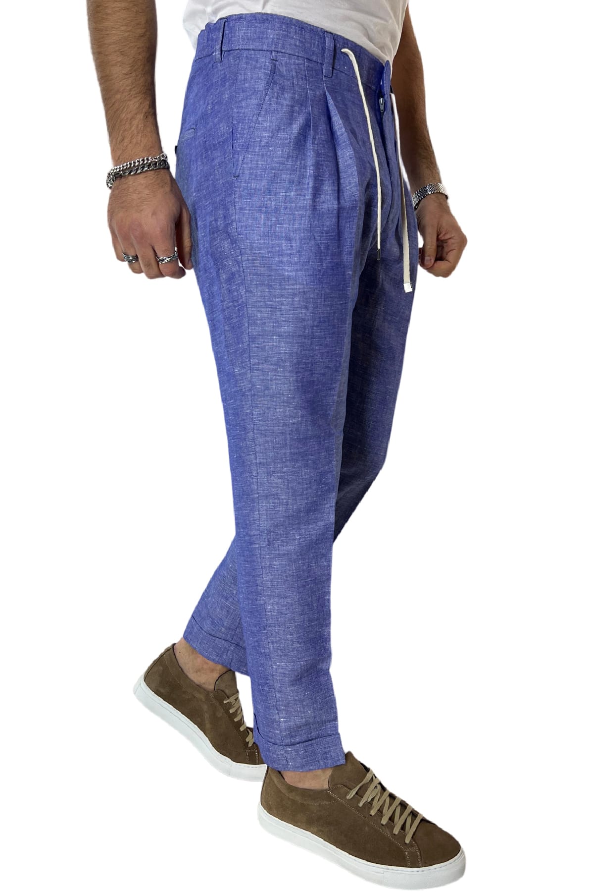 Pantalaccio uomo royal blu in lino e cotone tasca america con doppia pence e laccio in vita risvolto 4cm