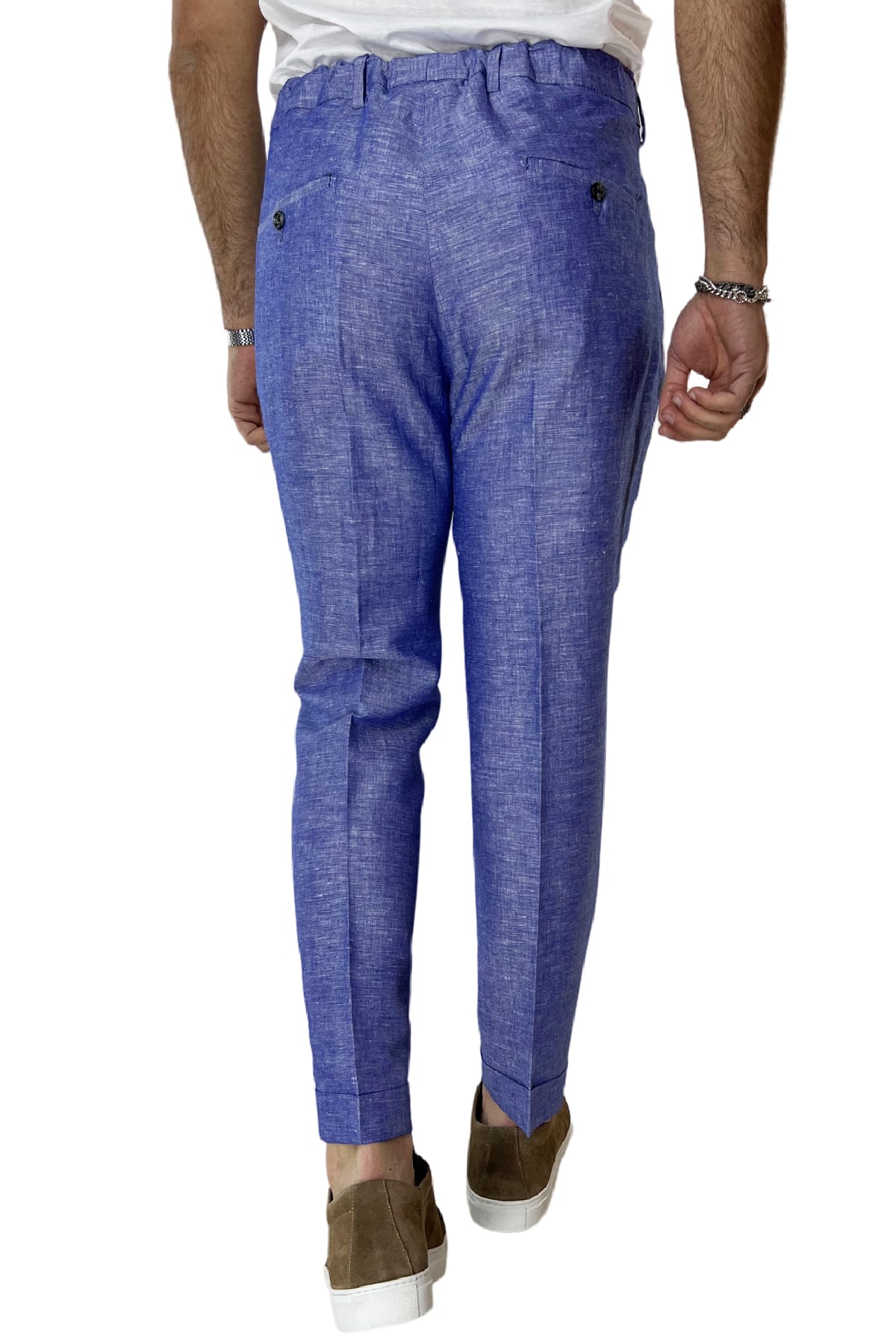 Pantalaccio uomo royal blu in lino e cotone tasca america con doppia pence e laccio in vita risvolto 4cm