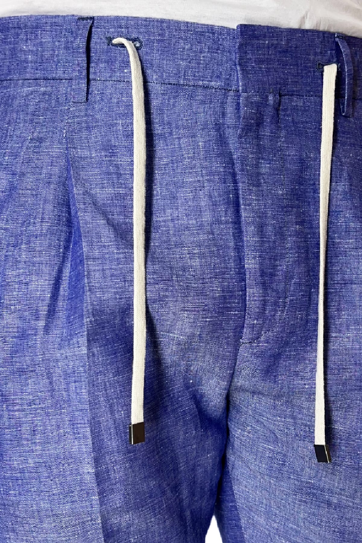 Pantalaccio uomo royal blu in lino e cotone tasca america con doppia pence e laccio in vita risvolto 4cm