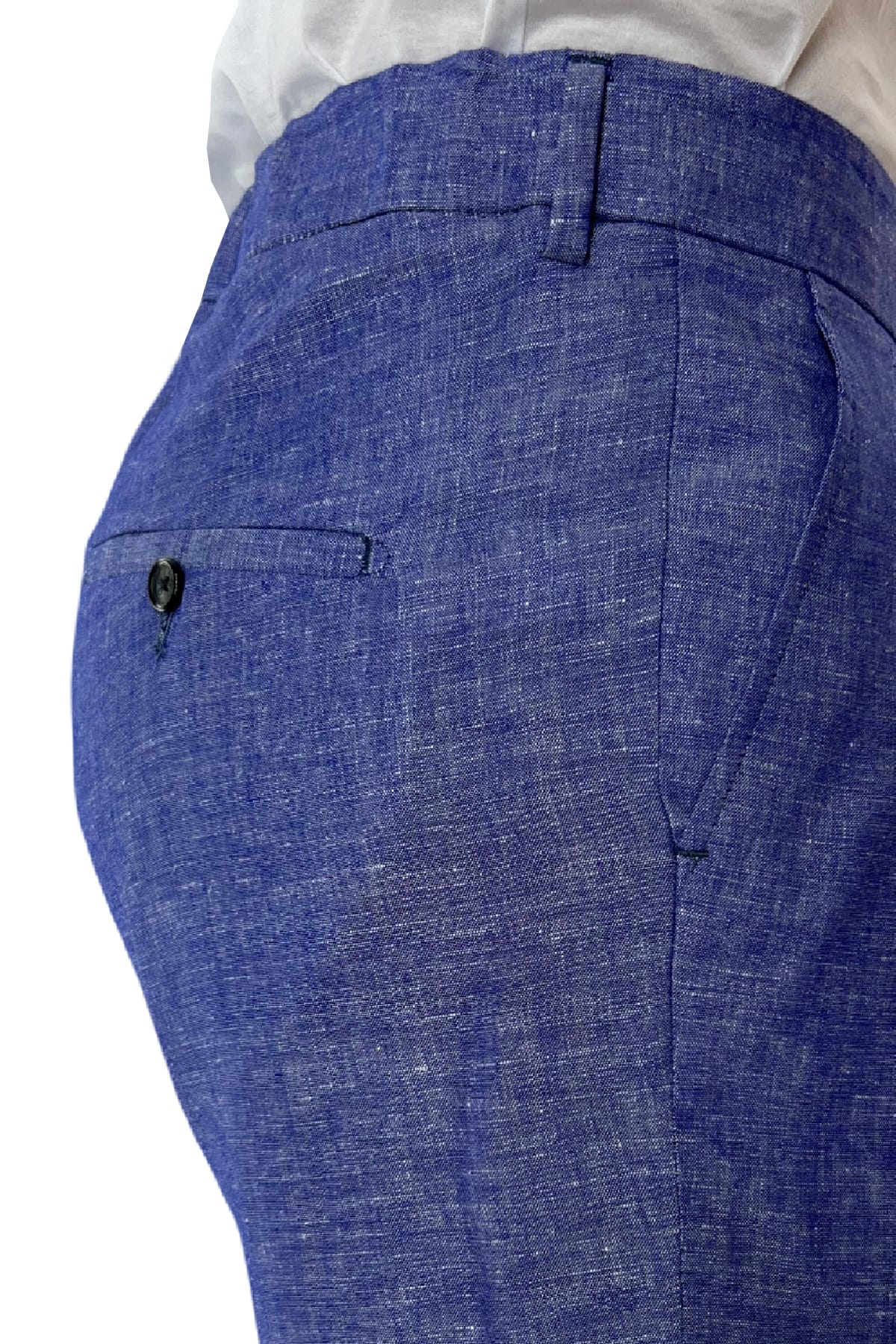 Pantalaccio uomo royal blu in lino e cotone tasca america con doppia pence e laccio in vita risvolto 4cm