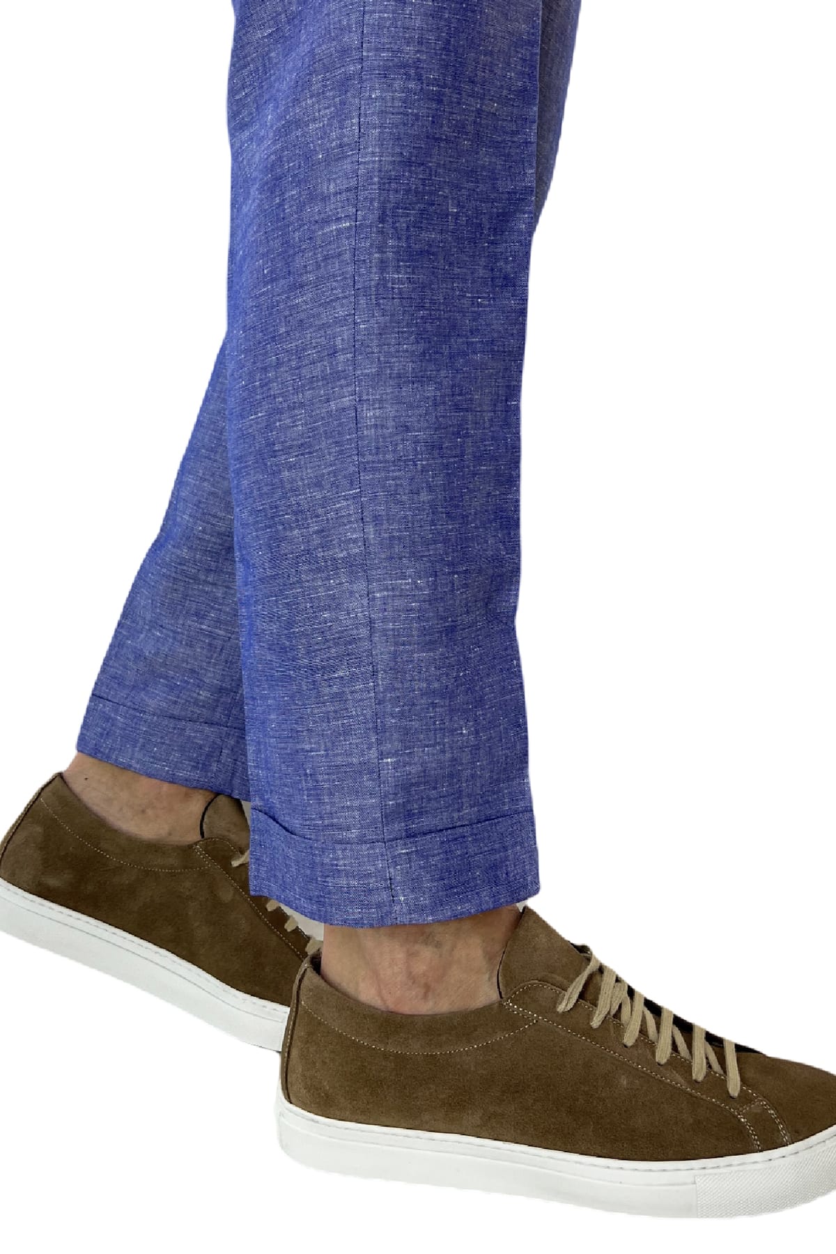 Pantalaccio uomo royal blu in lino e cotone tasca america con doppia pence e laccio in vita risvolto 4cm