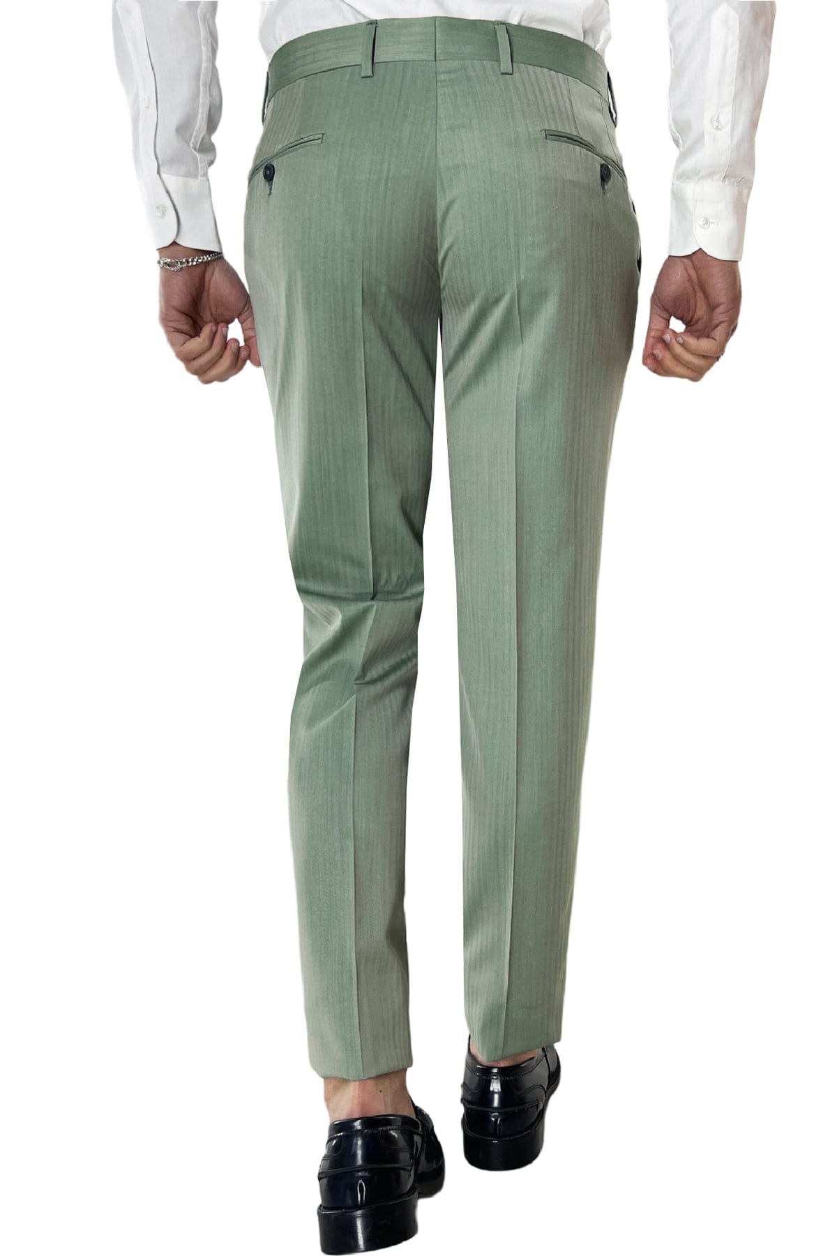 Pantalone uomo verde Solaro in fresco lana e seta Holland & Sherry vita alta con una pinces e risvolto 4cm
