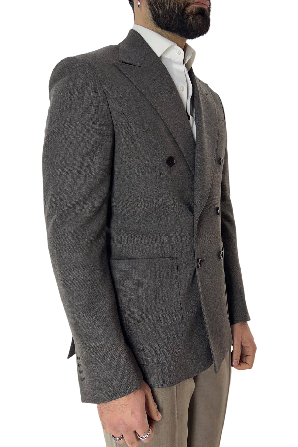 Giacca uomo doppiopetto fango nido d'ape in fresco lana 480 grammi Vitale Barberis Canonico