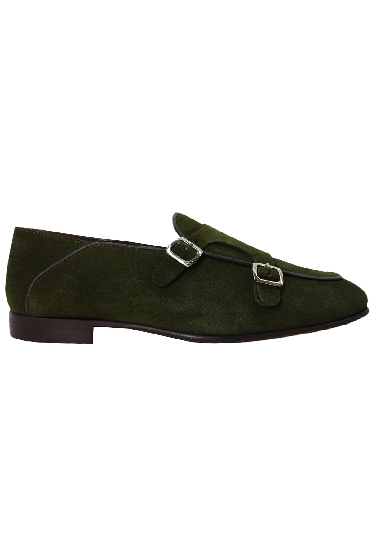 Mocassini uomo verde militare in camoscio con doppia fibbia e suola in cuoio made in italy