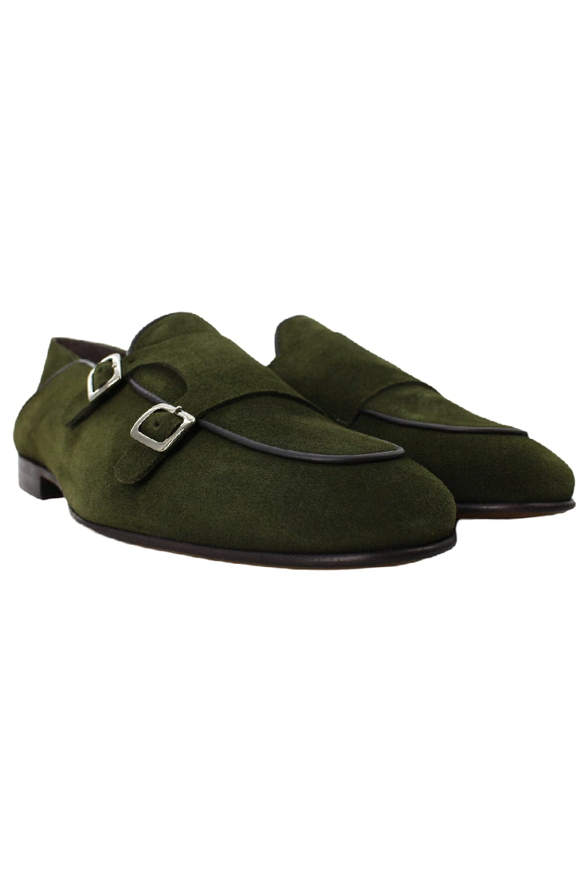 Mocassini uomo verde militare in camoscio con doppia fibbia e suola in cuoio made in italy