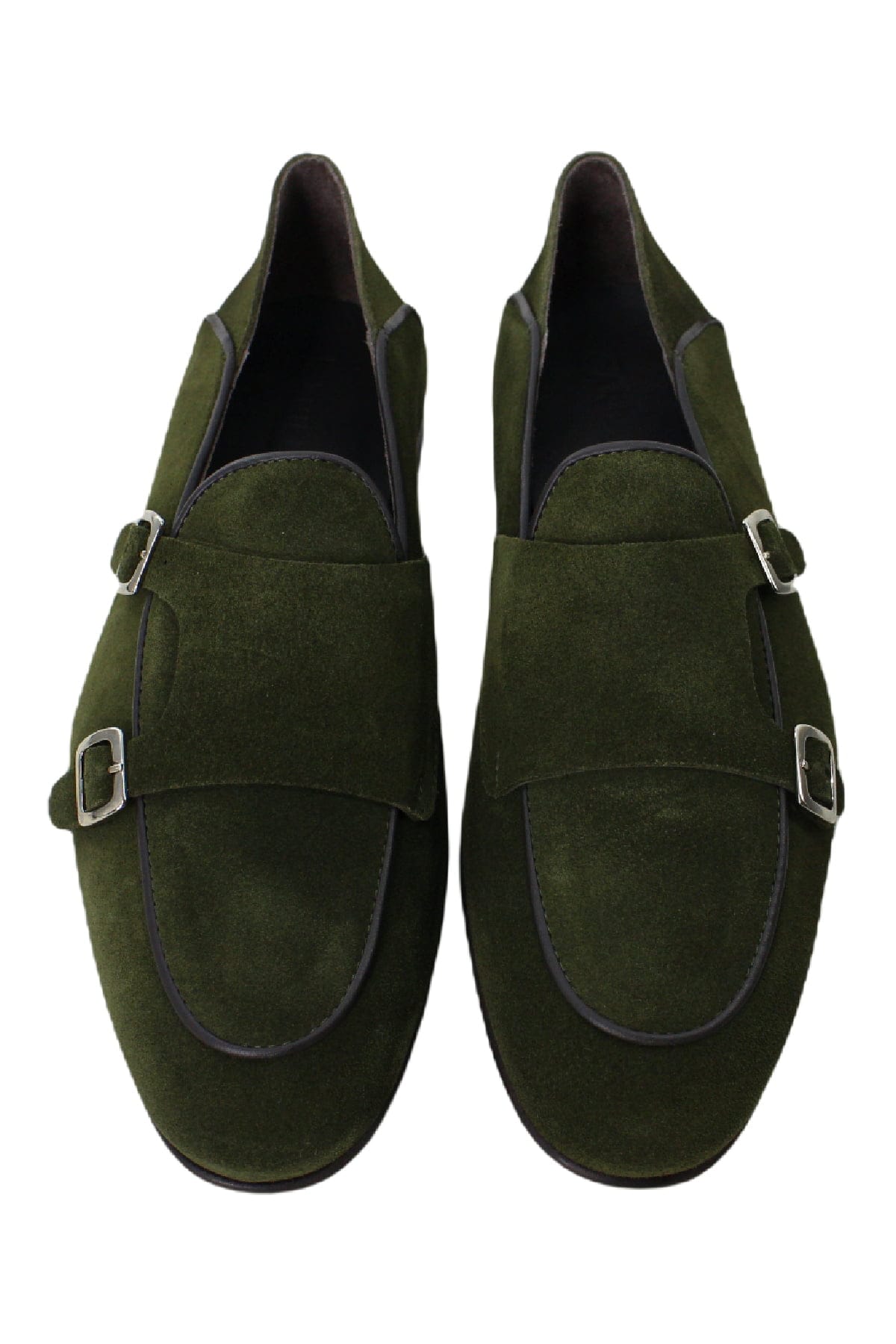 Mocassini uomo verde militare in camoscio con doppia fibbia e suola in cuoio made in italy