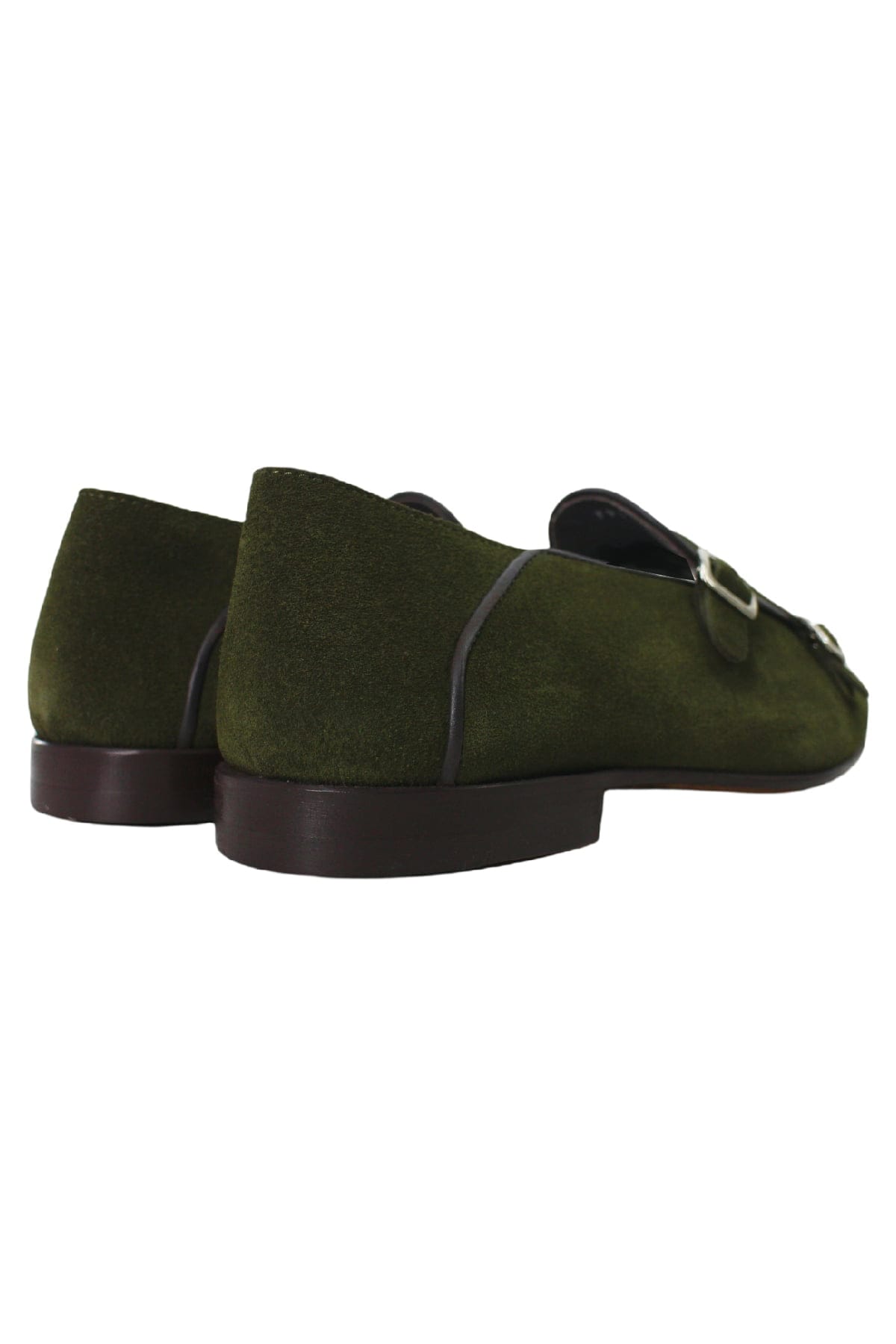 Mocassini uomo verde militare in camoscio con doppia fibbia e suola in cuoio made in italy