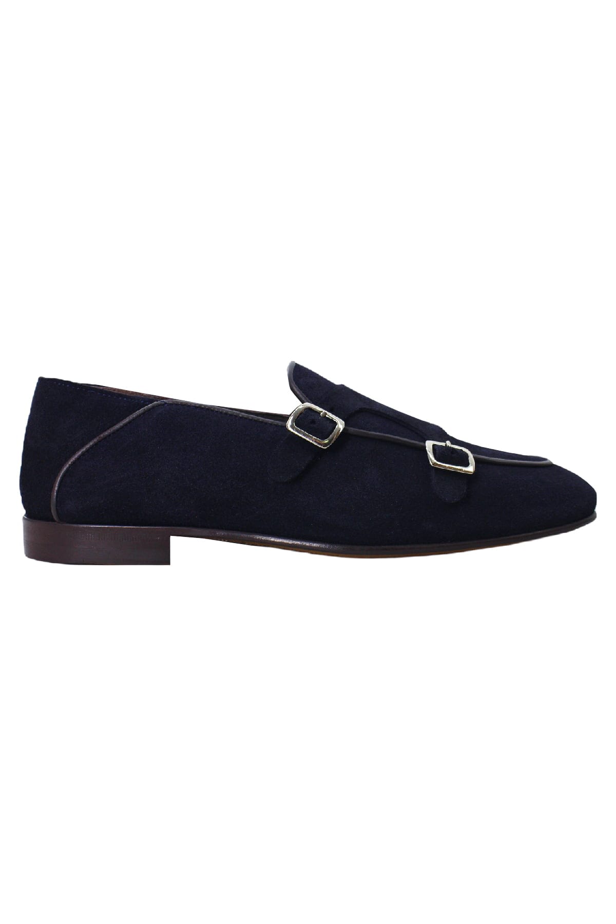 Mocassini uomo navy blu in camoscio con doppia fibbia e suola in cuoio made in italy