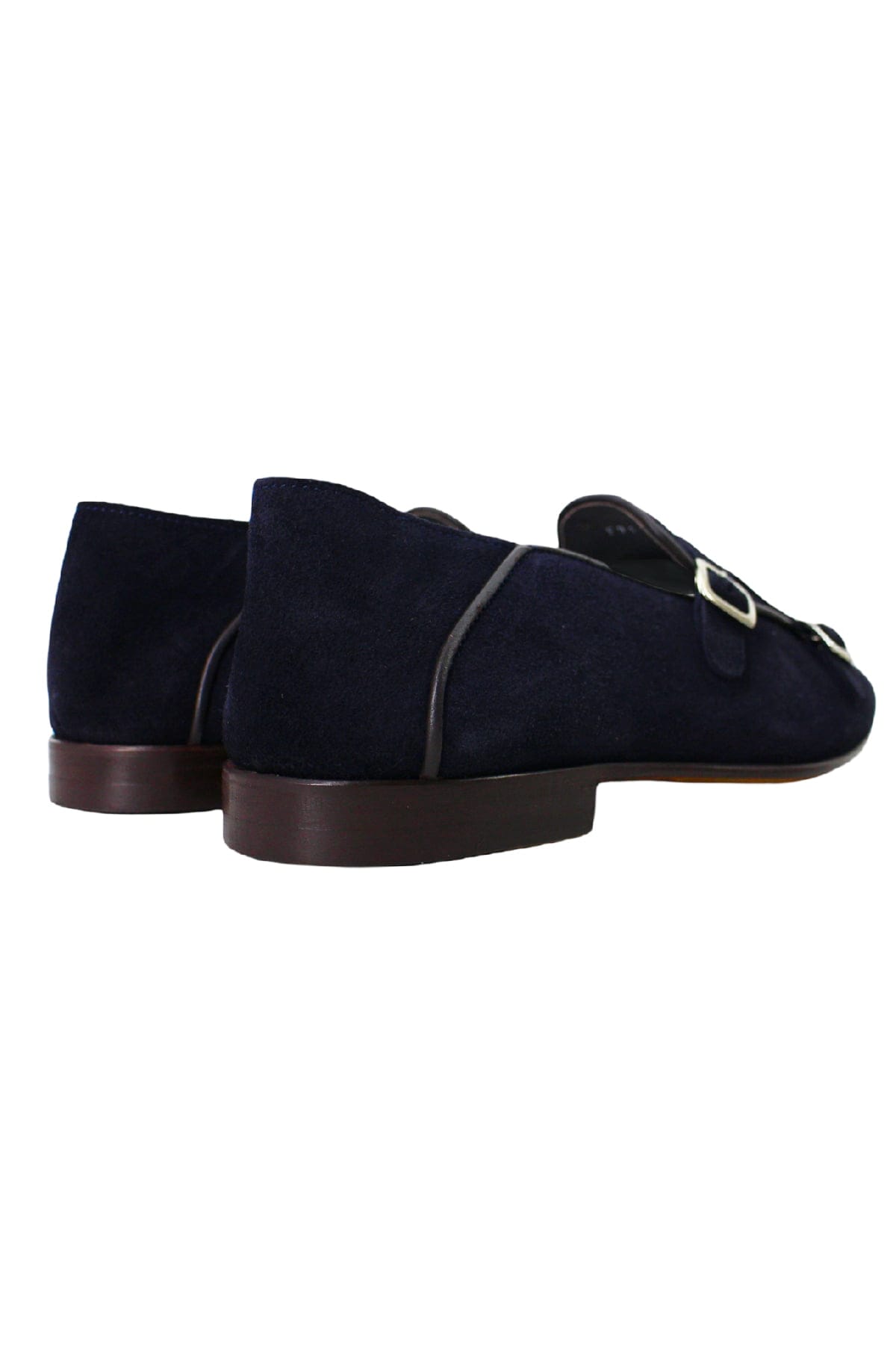 Mocassini uomo navy blu in camoscio con doppia fibbia e suola in cuoio made in italy